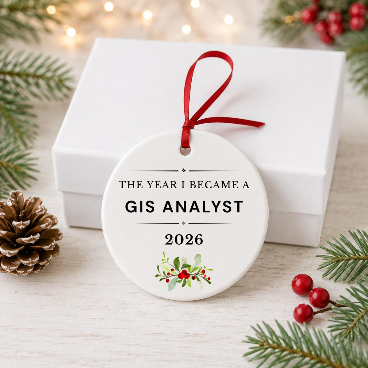 GIS Analyst 2026 ceramic ornament reading The Year I Became a GIS Analyst in front of a white gift box with pinecones and red berries