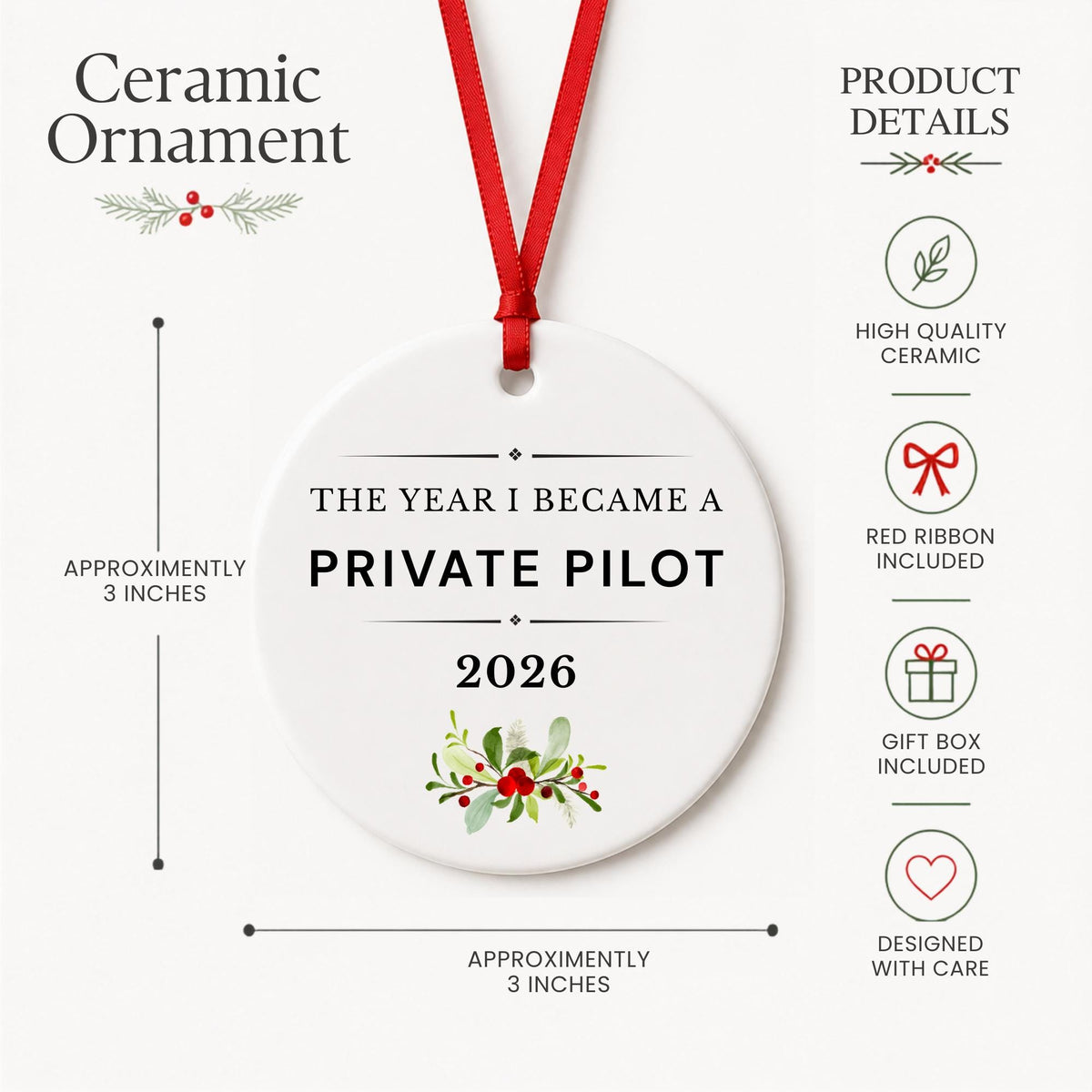Product details for the Private Pilot 2026 ceramic ornament reading The Year I Became a Private Pilot: approximately 3-inch round ceramic ornament, red ribbon and gift box