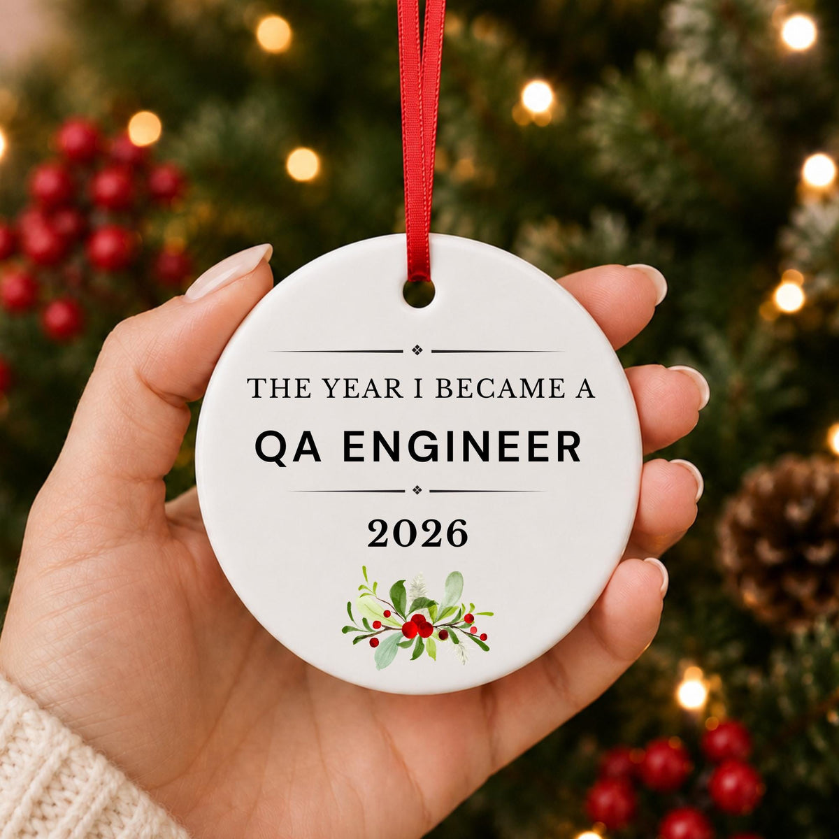 Hand holding the QA Engineer 2026 ceramic ornament reading The Year I Became a QA Engineer in front of a Christmas tree