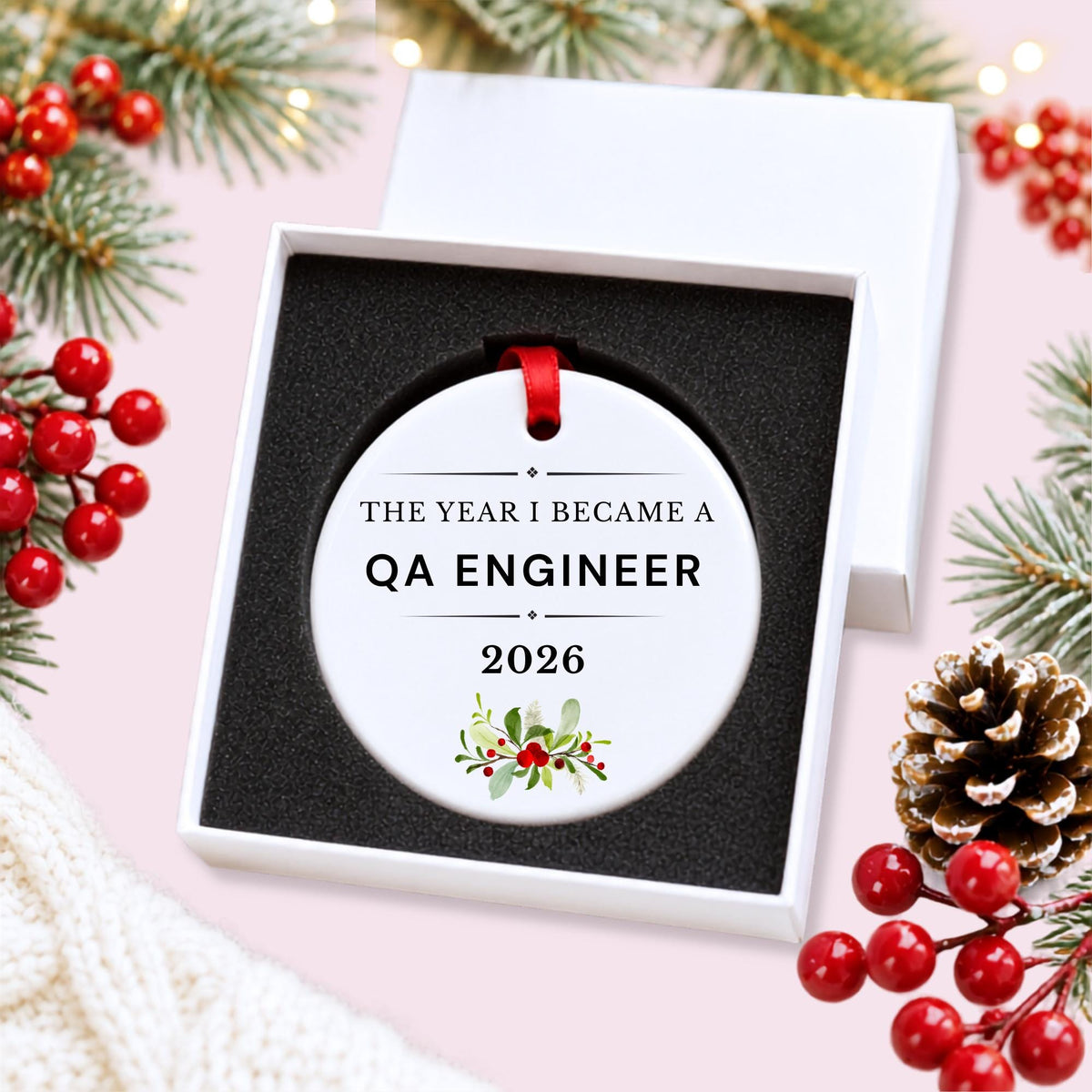QA Engineer 2026 ceramic ornament reading The Year I Became a QA Engineer in a white gift box with protective foam