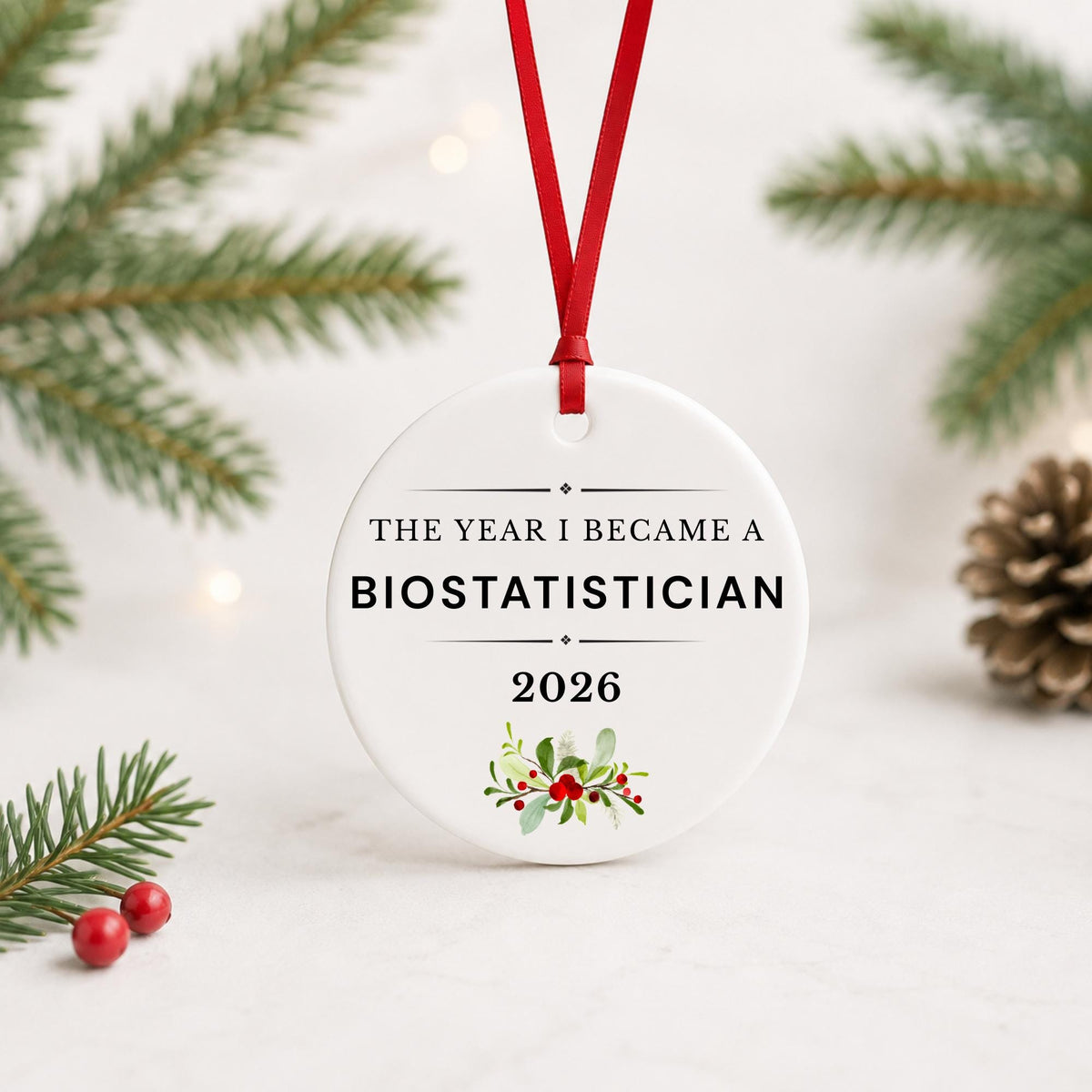 Biostatistician 2026 ceramic ornament reading The Year I Became a Biostatistician with red ribbon on a white surface with pine branches and pinecones