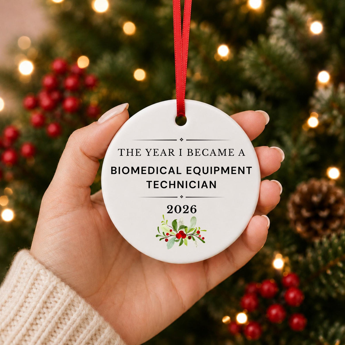 Hand holding the Biomedical Equipment Technician 2026 ceramic ornament reading The Year I Became a Biomedical Equipment Technician in front of a Christmas tree