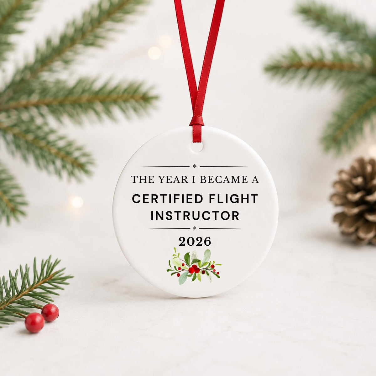 Certified Flight Instructor 2026 ceramic ornament reading The Year I Became a Certified Flight Instructor with red ribbon on a white surface with pine branches and pinecones