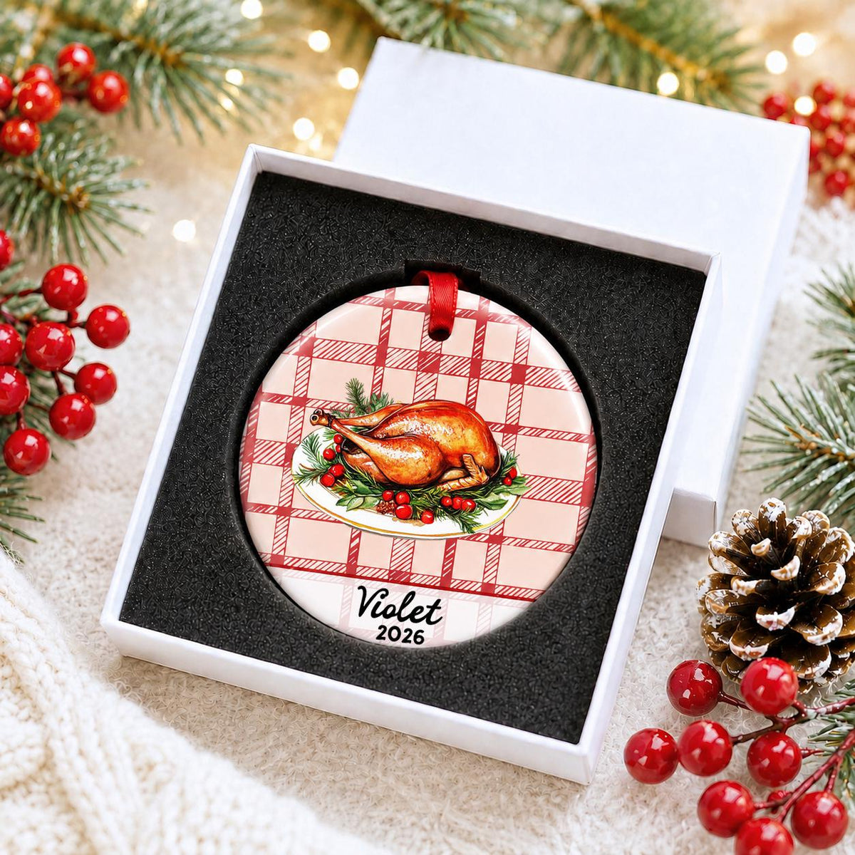 Personalized roast turkey ceramic ornament with name and year on red plaid in a white gift box with protective foam