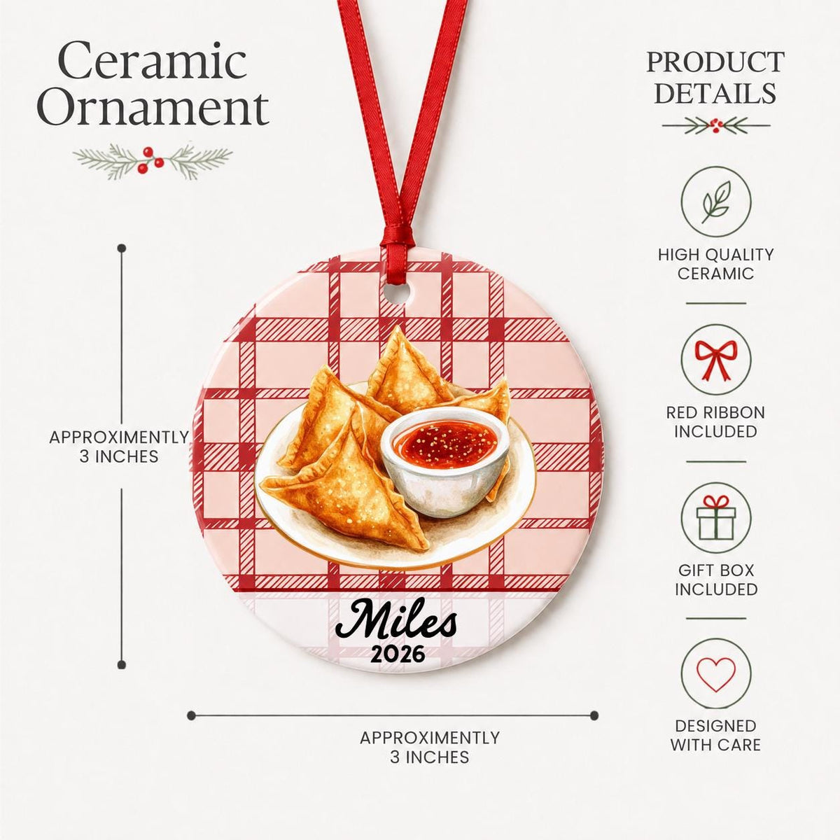 Product details for the personalized crab rangoon ceramic ornament with name and year on red plaid: approximately 3-inch round ceramic ornament, red ribbon and gift box