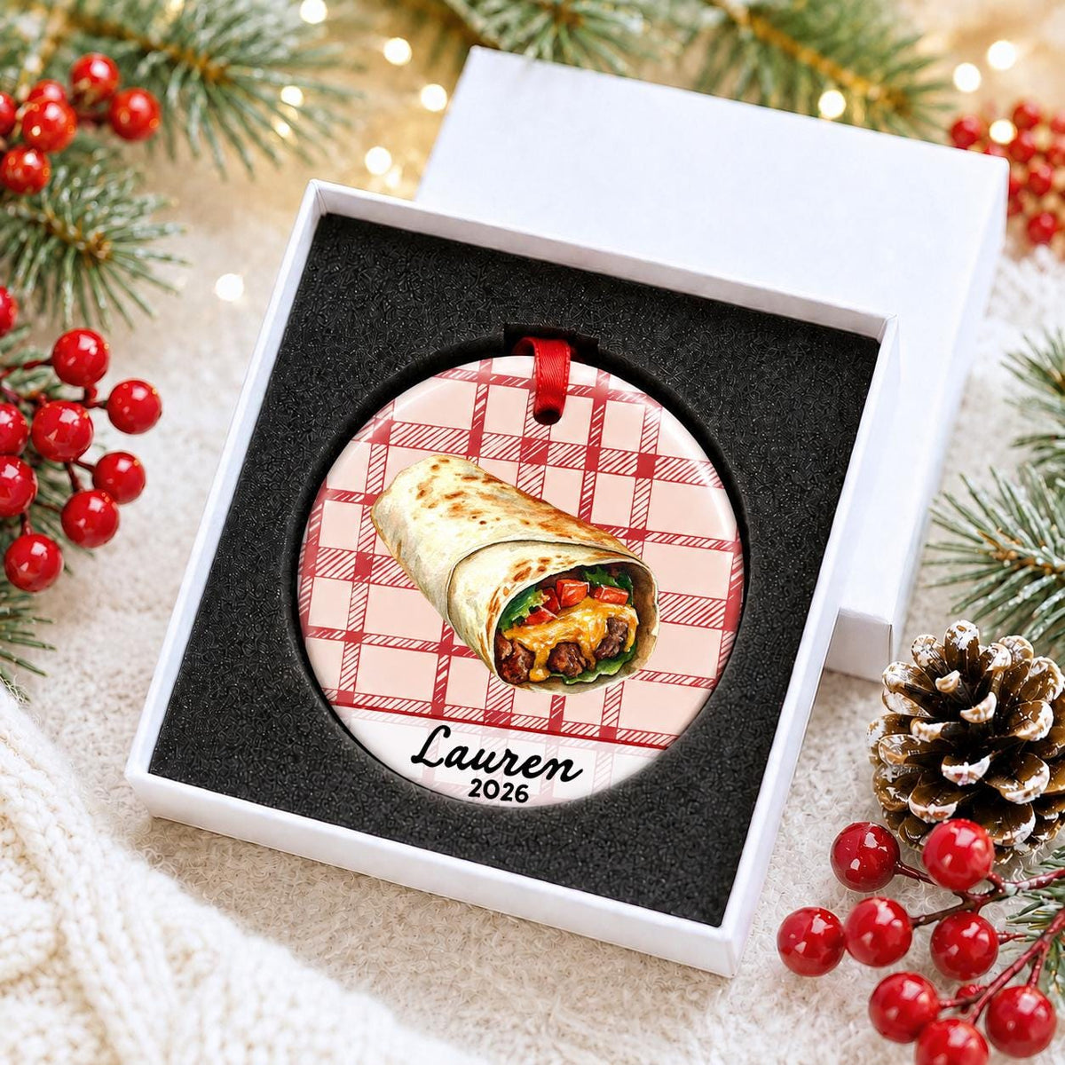 Personalized burrito ceramic ornament with name and year on red plaid in a white gift box with protective foam
