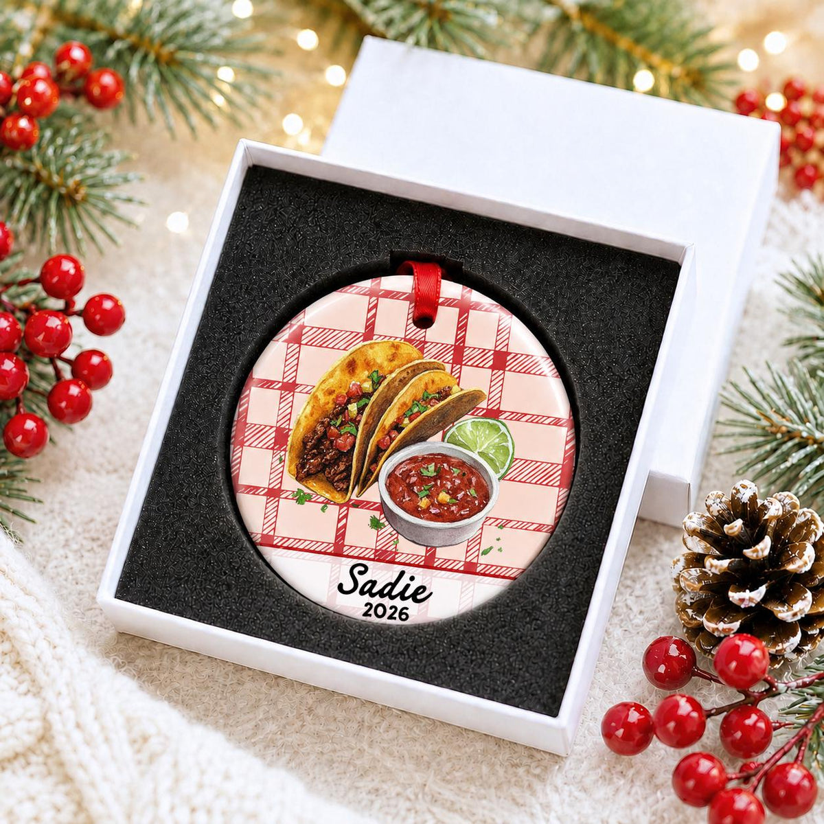 Personalized taco ceramic ornament with name and year on red plaid in a white gift box with protective foam