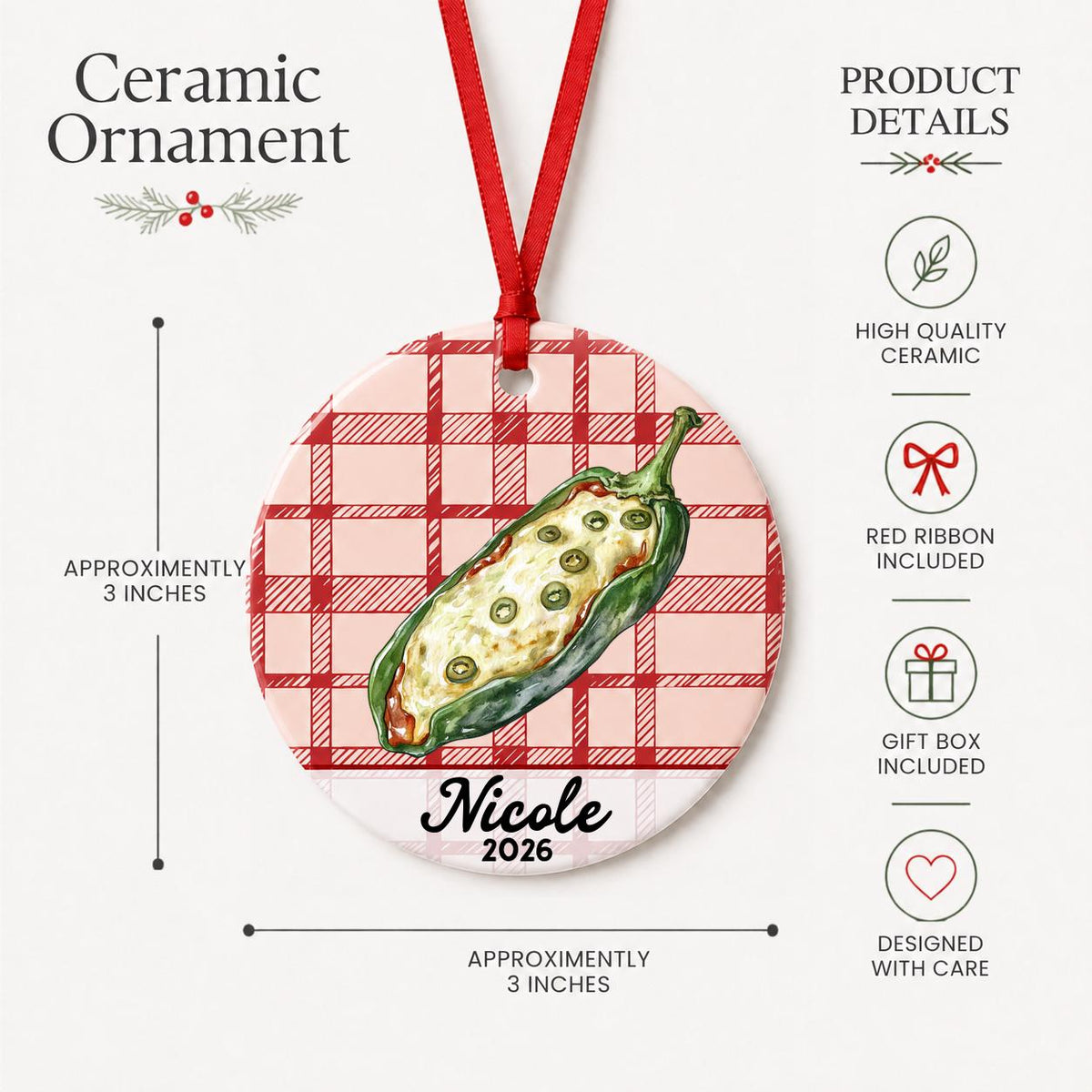 Product details for the personalized chile relleno ceramic ornament with name and year on red plaid: approximately 3-inch round ceramic ornament, red ribbon and gift box