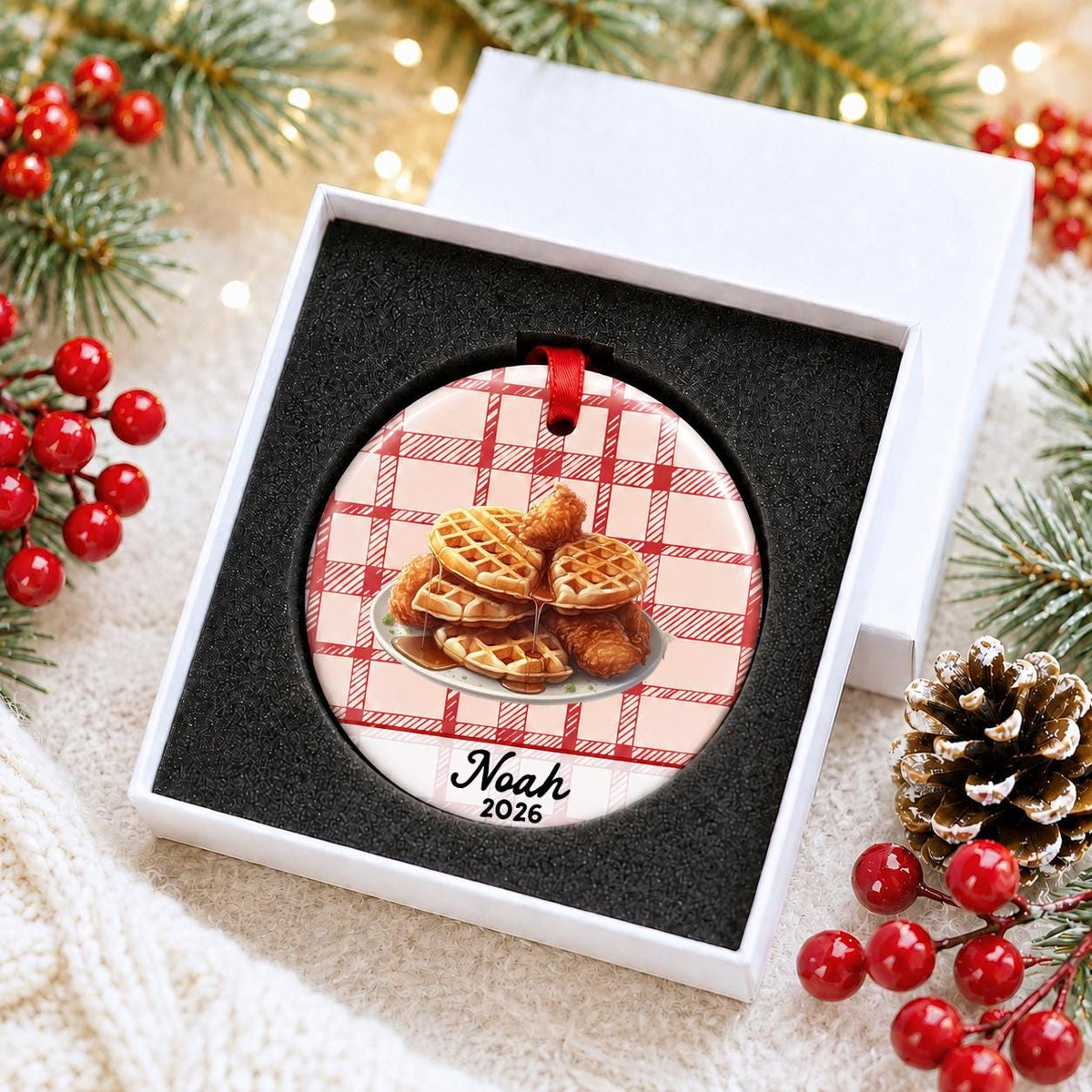 Personalized chicken and waffles ceramic ornament with name and year on red plaid in a white gift box with protective foam
