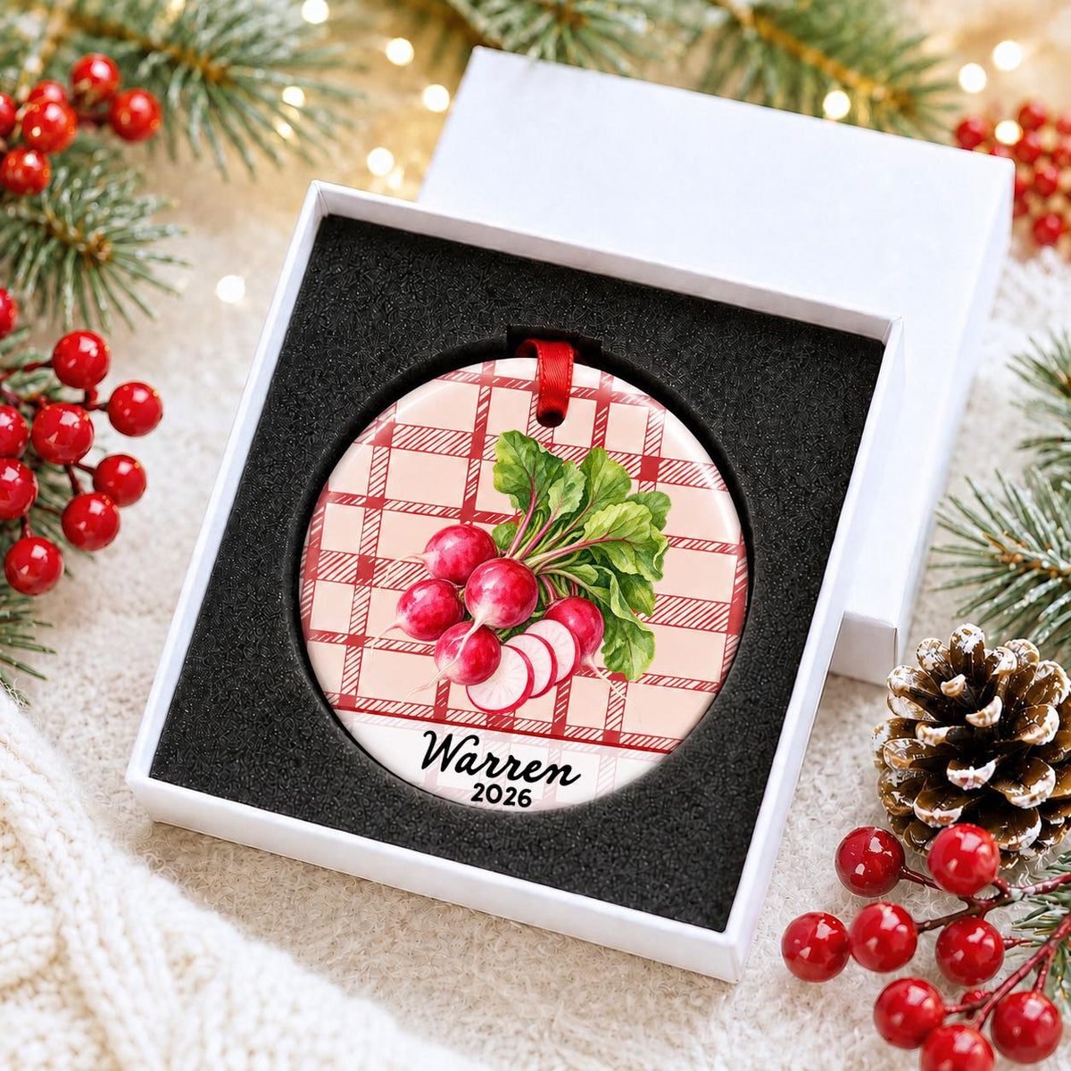 Personalized radishes ceramic ornament with name and year on red plaid in a white gift box with protective foam