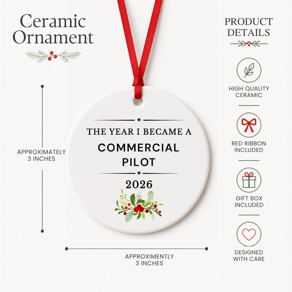 Product details for the Commercial Pilot 2026 ceramic ornament reading The Year I Became a Commercial Pilot: approximately 3-inch round ceramic ornament, red ribbon and gift box