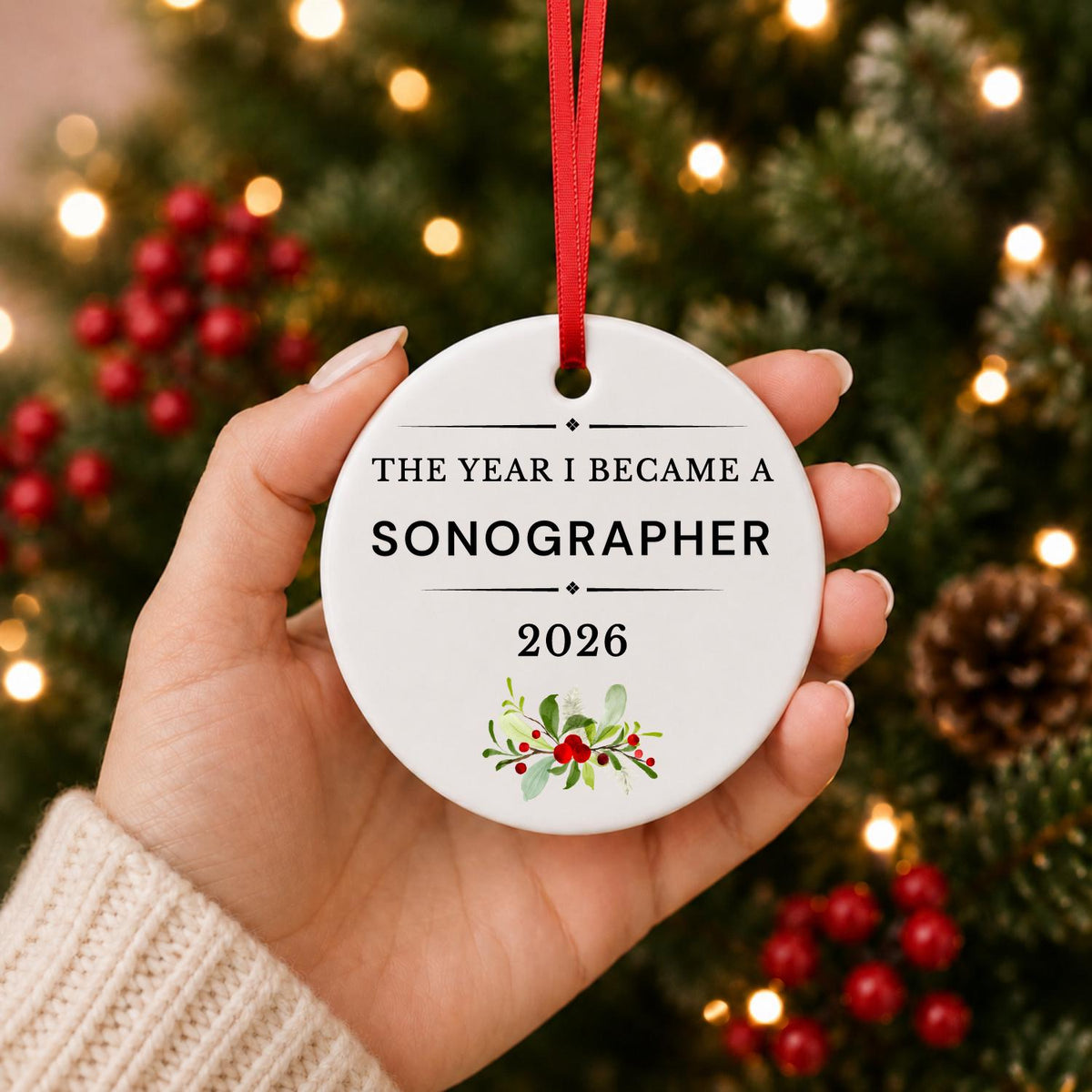 Hand holding the Sonographer 2026 ceramic ornament reading The Year I Became a Sonographer in front of a Christmas tree