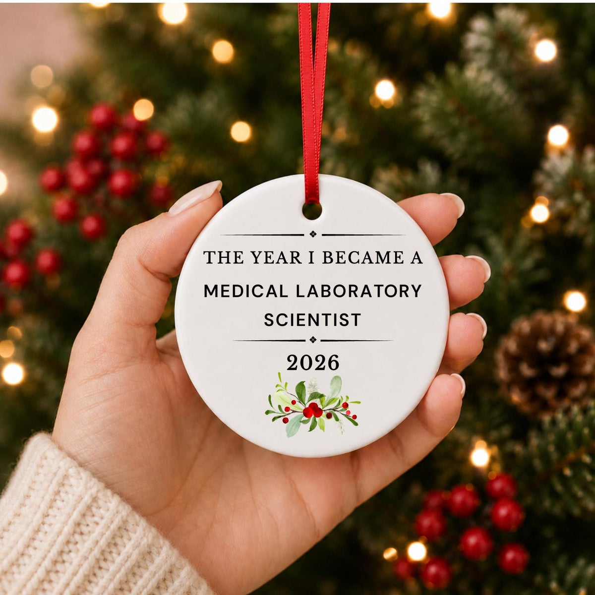 Hand holding the Medical Laboratory Scientist 2026 ceramic ornament reading The Year I Became a Medical Laboratory Scientist in front of a Christmas tree