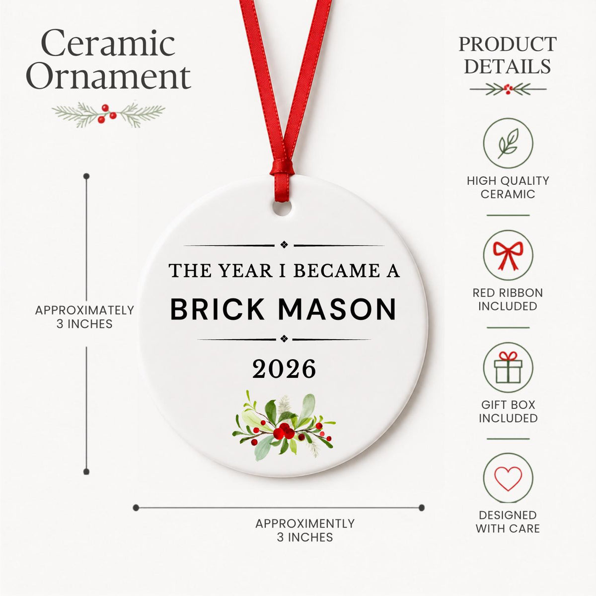 Product details for the Brick Mason 2026 ceramic ornament reading The Year I Became a Brick Mason: approximately 3-inch round ceramic ornament, red ribbon and gift box