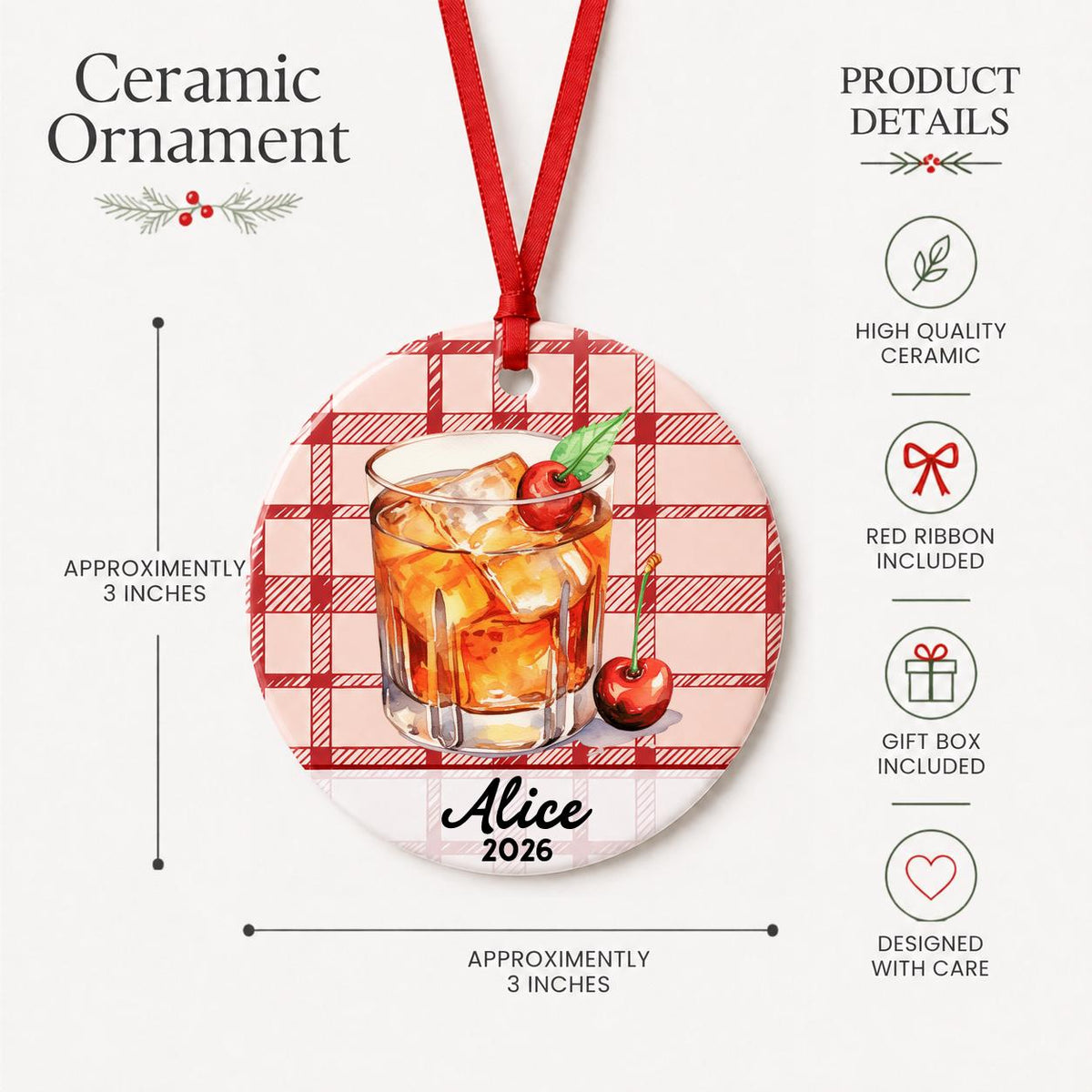 Product details for the personalized Old Fashioned cocktail ceramic ornament with name and year on red plaid: approximately 3-inch round ceramic ornament, red ribbon and gift box