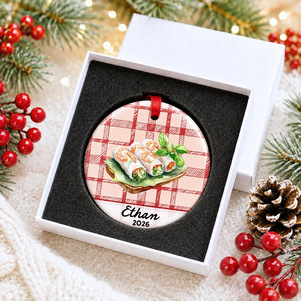 Personalized fresh spring rolls ceramic ornament with name and year on red plaid in a white gift box with protective foam