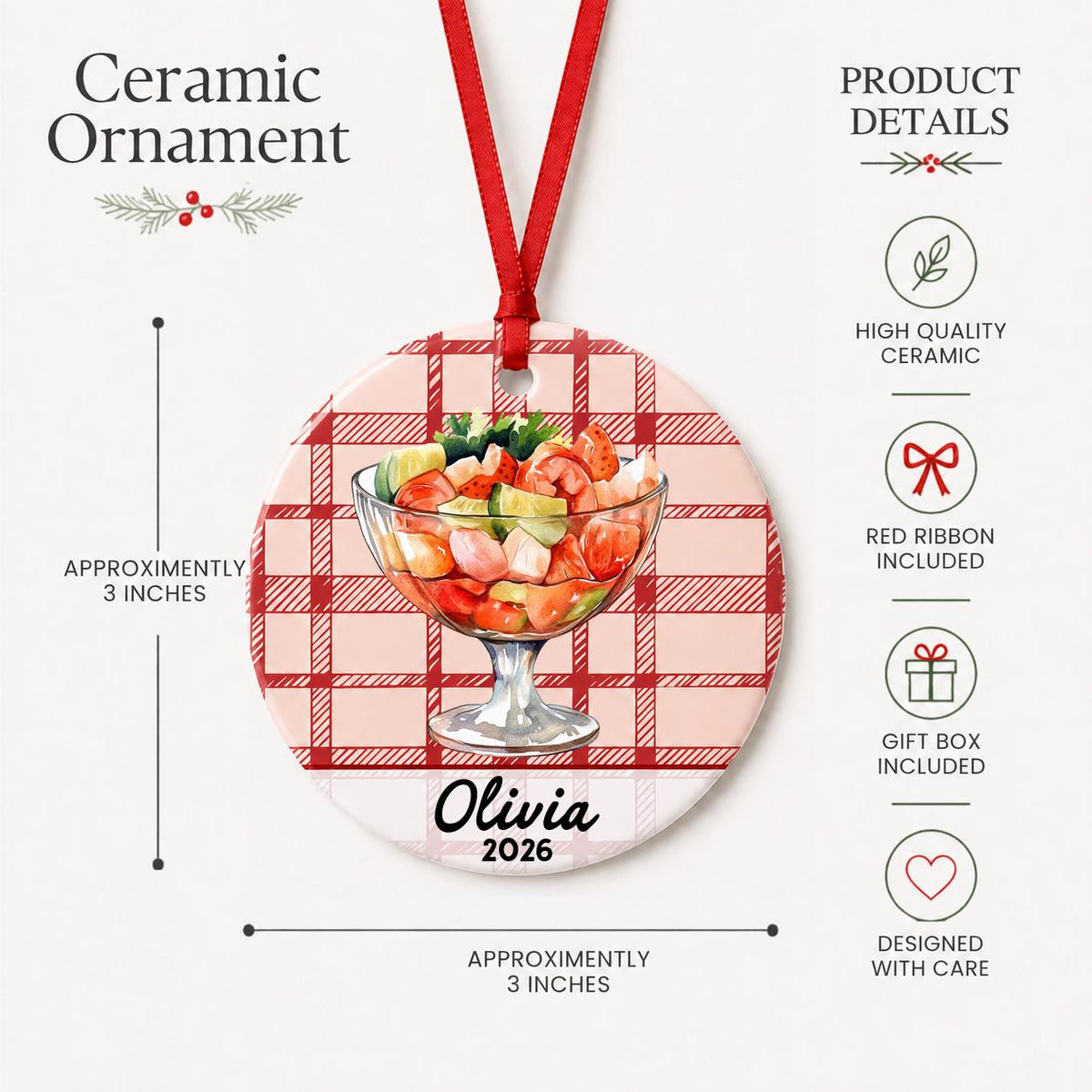 Product details for the personalized shrimp cocktail ceramic ornament with name and year on red plaid: approximately 3-inch round ceramic ornament, red ribbon and gift box