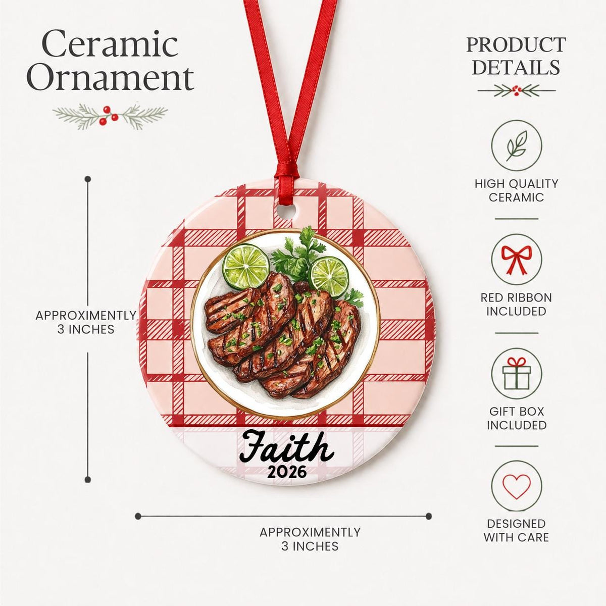 Product details for the personalized carne asada ceramic ornament with name and year on red plaid: approximately 3-inch round ceramic ornament, red ribbon and gift box