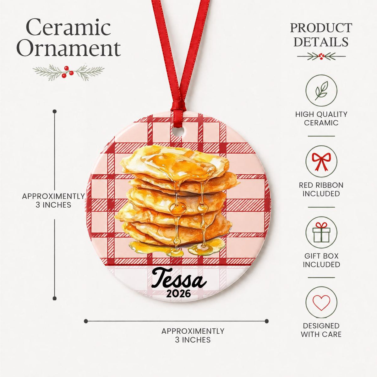 Product details for the personalized buñuelos ceramic ornament with name and year on red plaid: approximately 3-inch round ceramic ornament, red ribbon and gift box