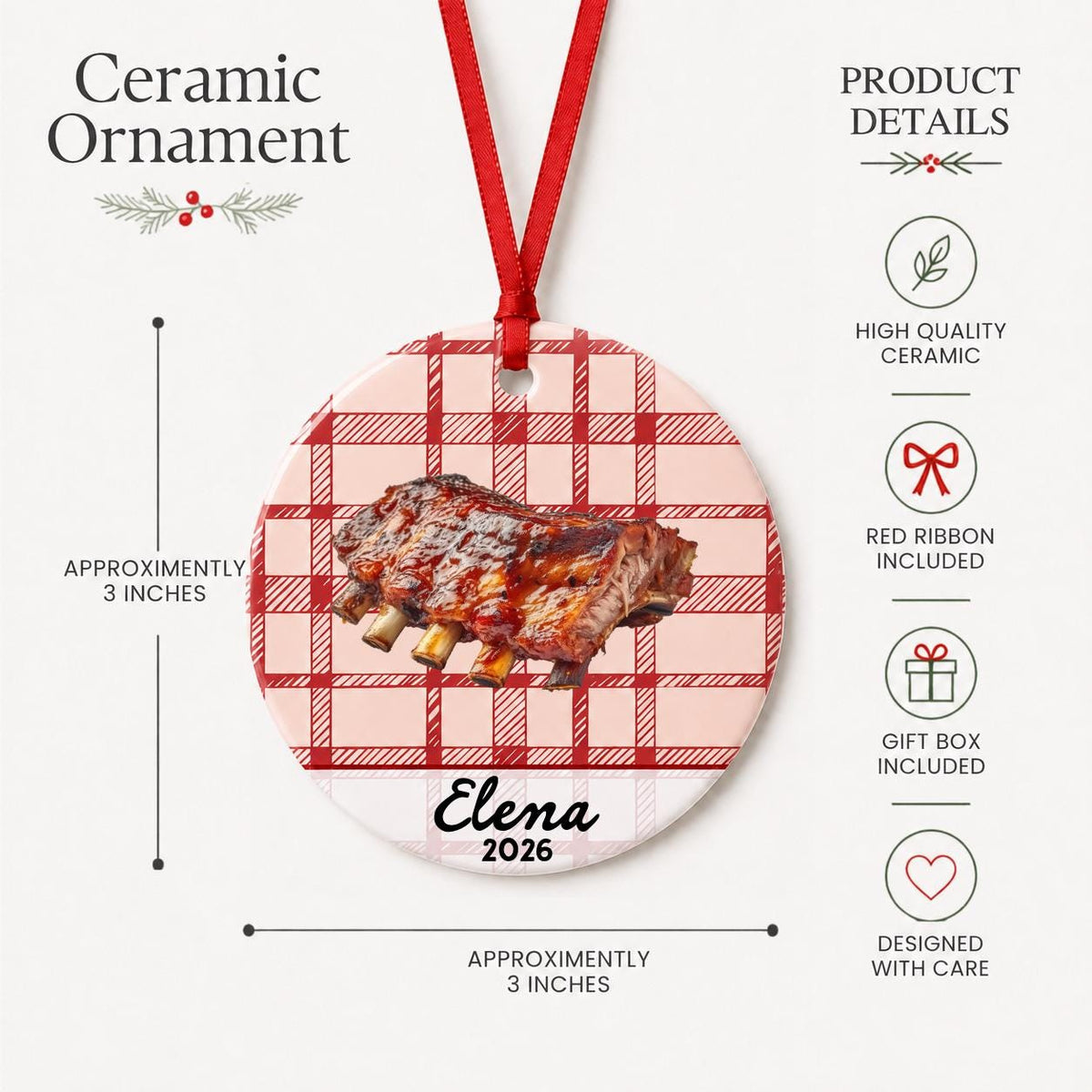 Product details for the personalized BBQ ribs ceramic ornament with name and year on red plaid: approximately 3-inch round ceramic ornament, red ribbon and gift box