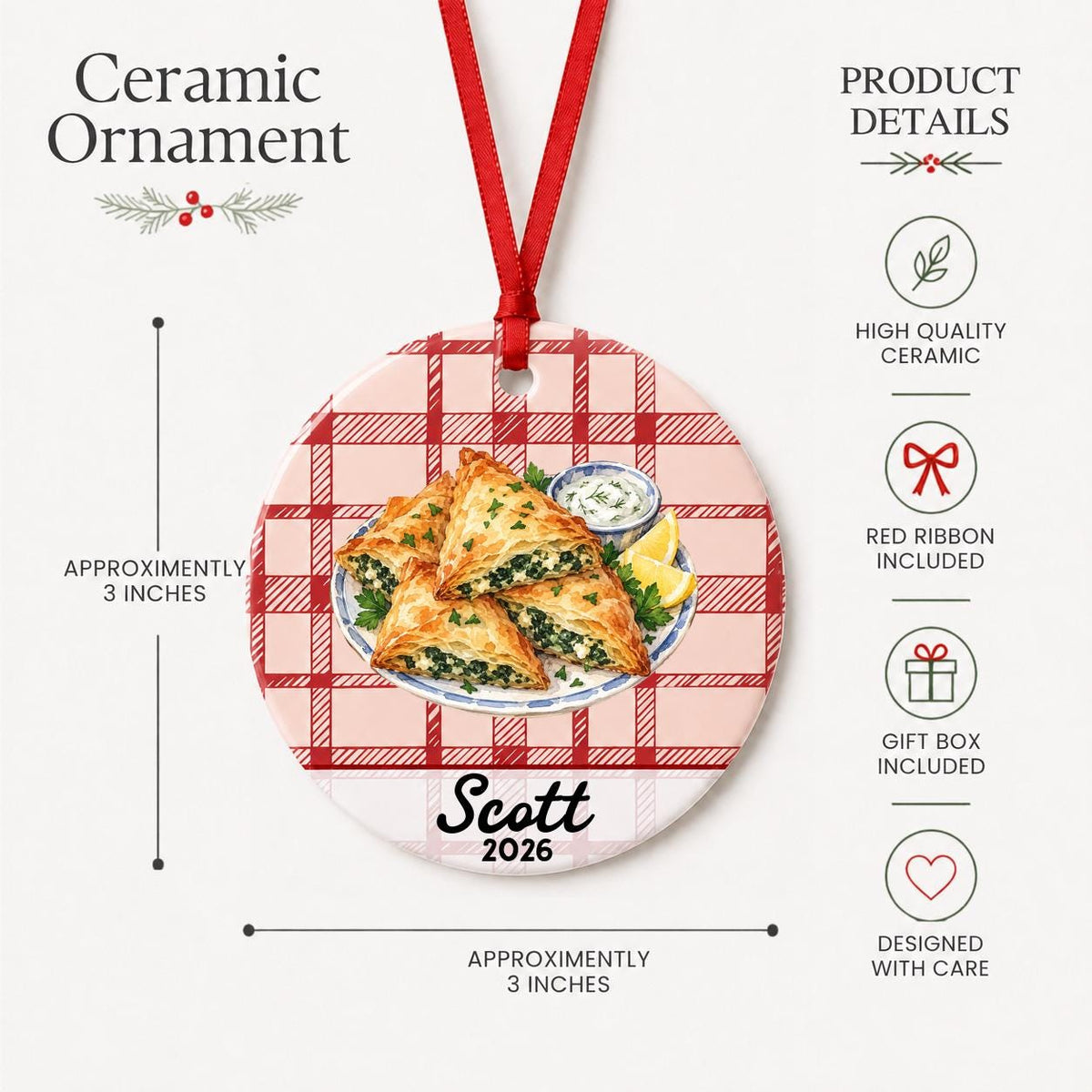 Product details for the personalized spanakopita ceramic ornament with name and year on red plaid: approximately 3-inch round ceramic ornament, red ribbon and gift box