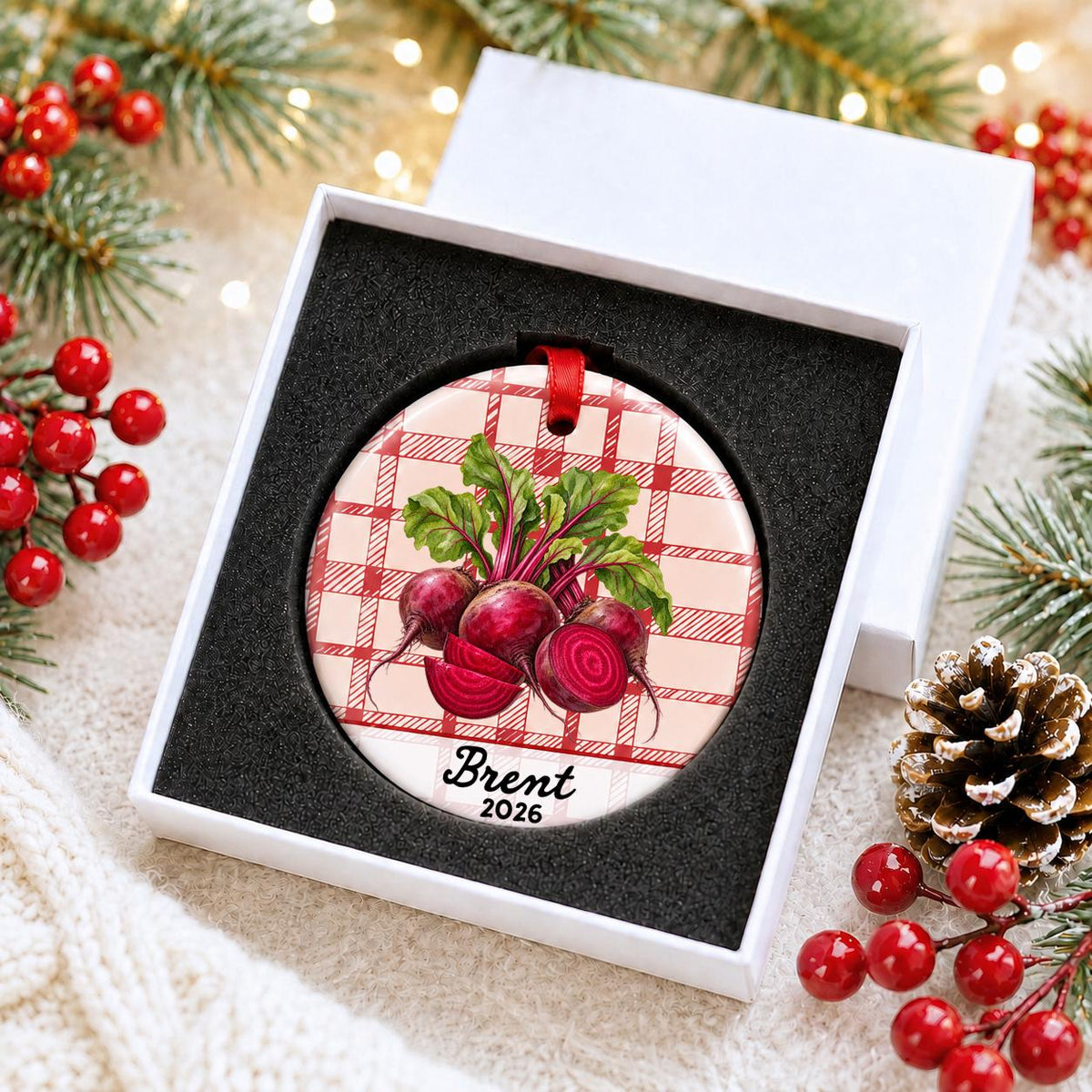 Personalized beets ceramic ornament with name and year on red plaid in a white gift box with protective foam