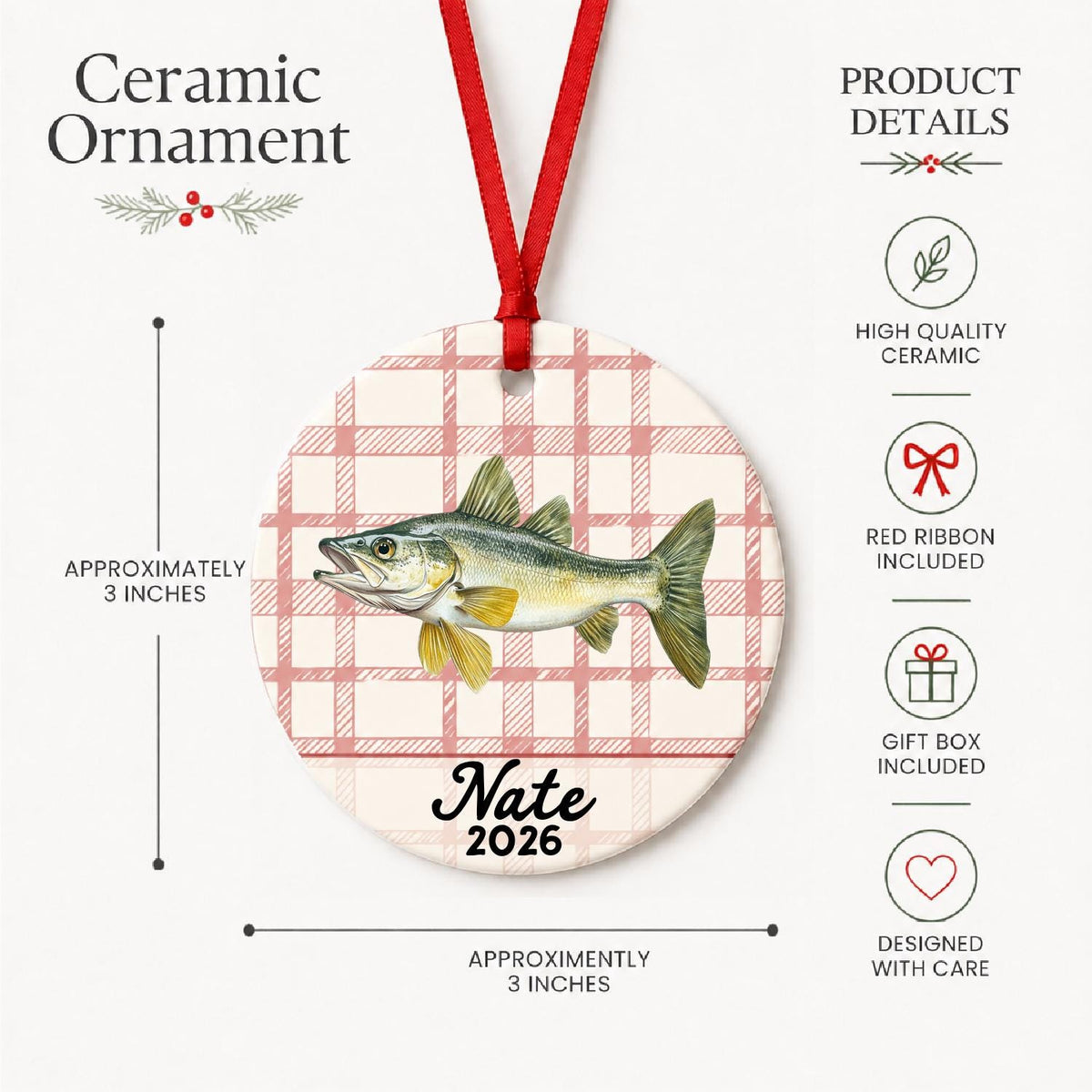 Product details for the personalized walleye ceramic ornament with name and year on red plaid: approximately 3-inch round ceramic ornament, red ribbon and gift box