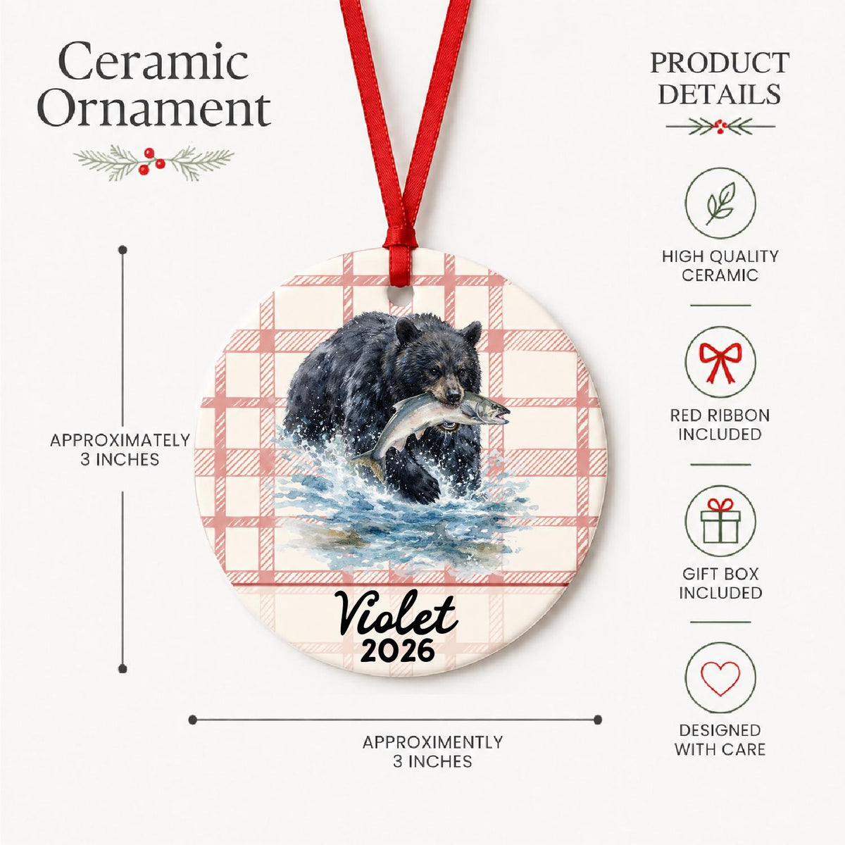 Product details for the personalized American black bear ceramic ornament with name and year on red plaid: approximately 3-inch round ceramic ornament, red ribbon and gift box