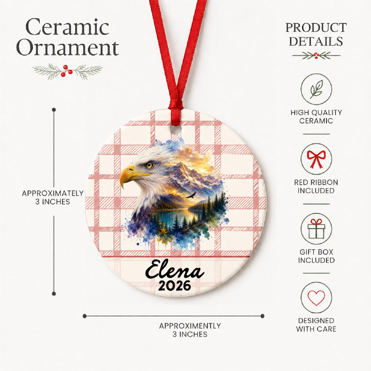 Product details for the personalized bald eagle ceramic ornament with name and year on red plaid: approximately 3-inch round ceramic ornament, red ribbon and gift box
