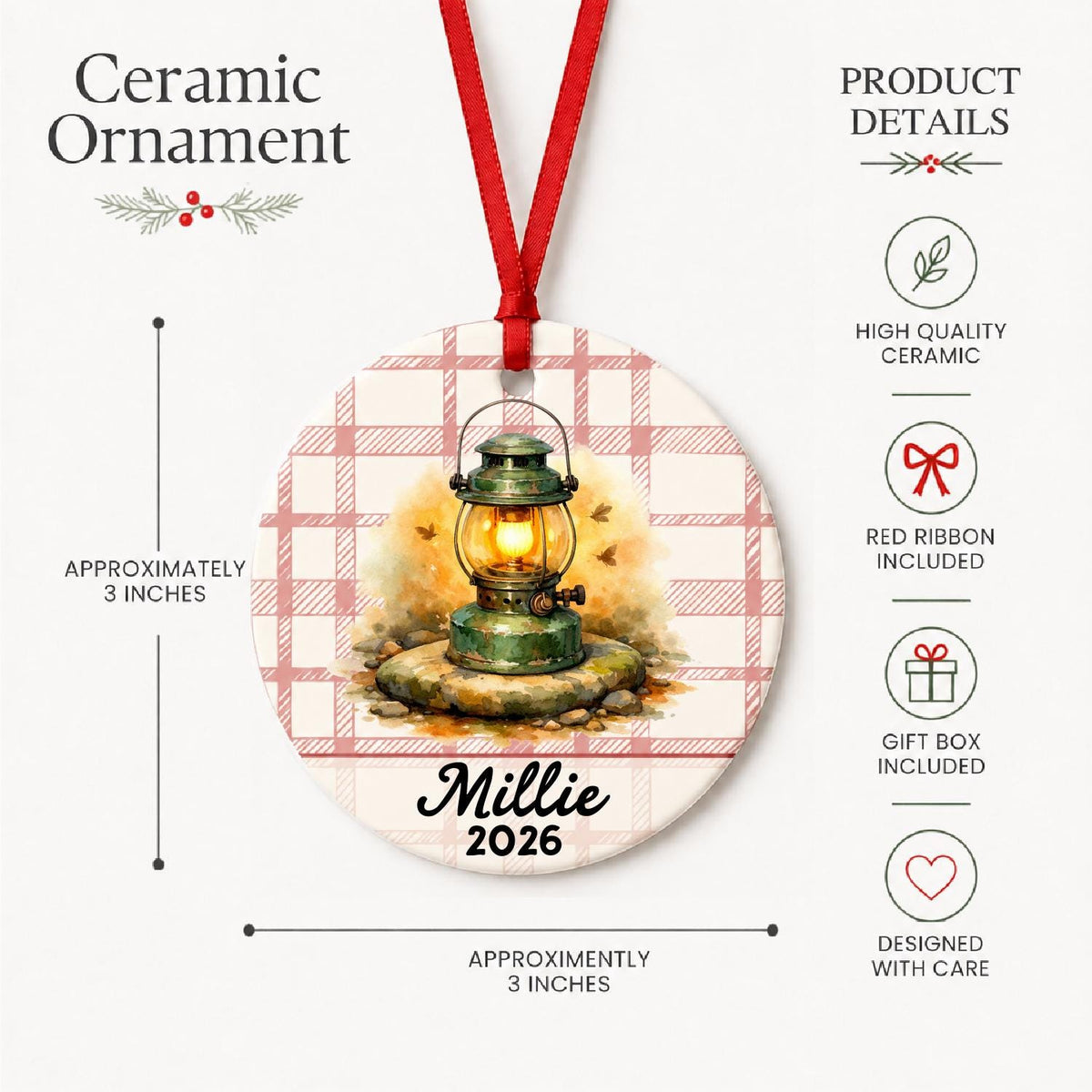 Product details for the personalized camping lantern ceramic ornament with name and year on red plaid: approximately 3-inch round ceramic ornament, red ribbon and gift box