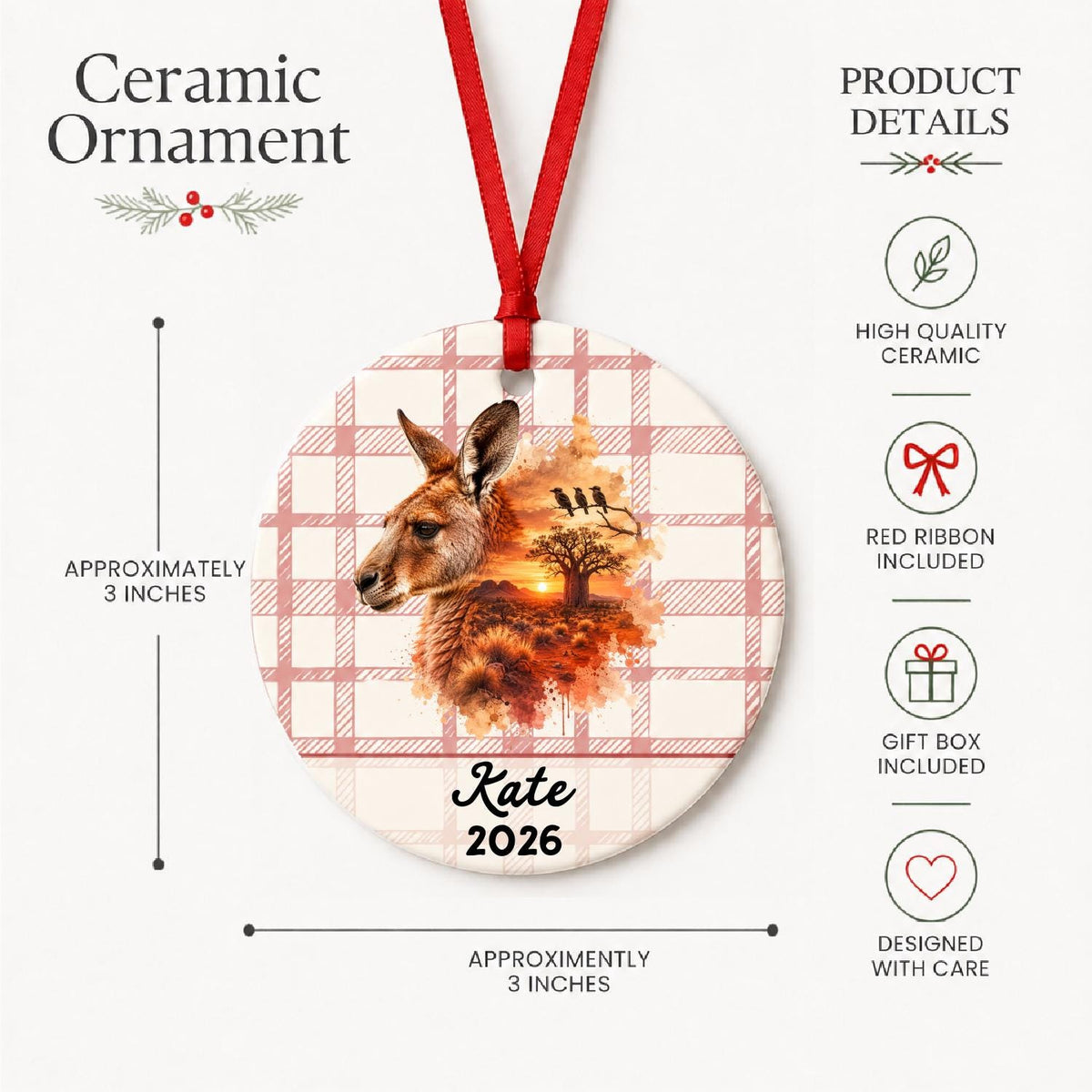 Product details for the personalized red kangaroo ceramic ornament with name and year on red plaid: approximately 3-inch round ceramic ornament, red ribbon and gift box
