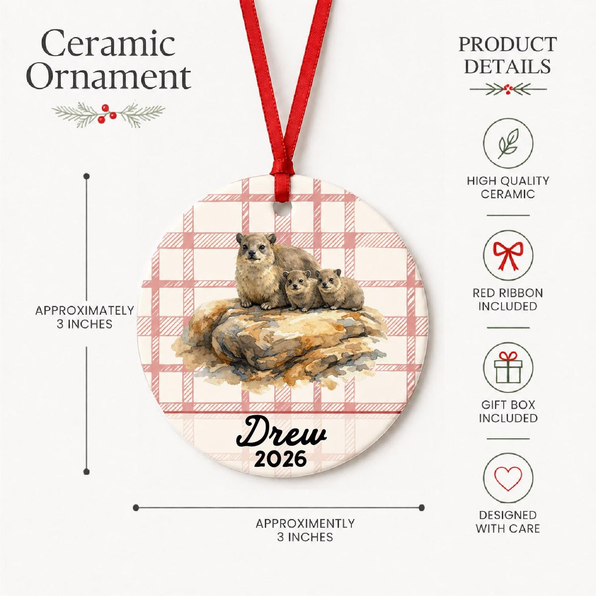Product details for the personalized rock hyraxes ceramic ornament with name and year on red plaid: approximately 3-inch round ceramic ornament, red ribbon and gift box