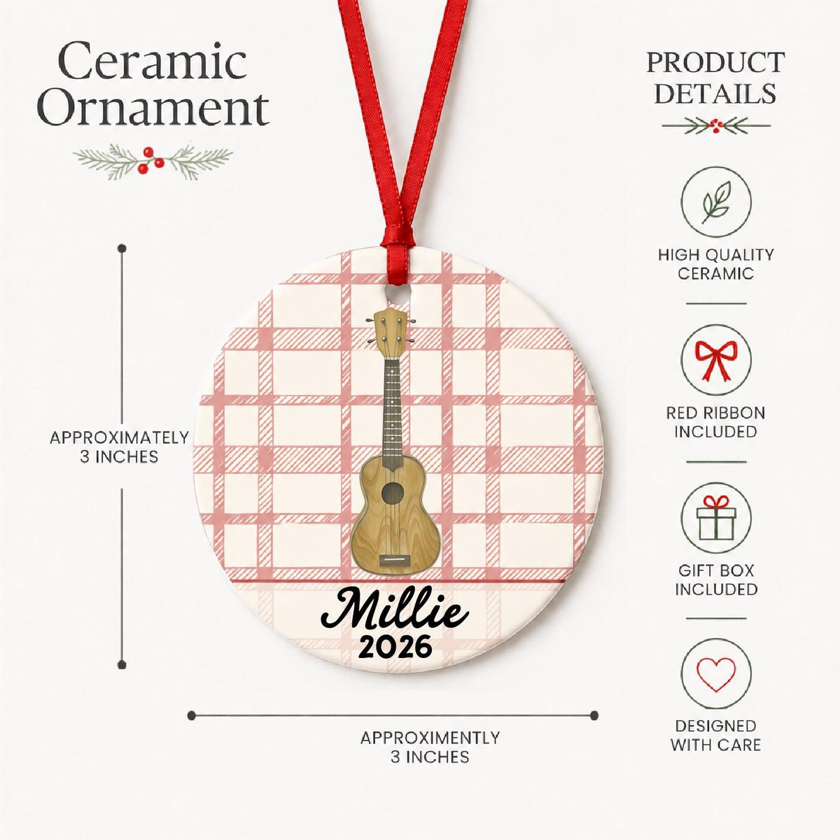 Product details for the personalized ukulele ceramic ornament with name and year on red plaid: approximately 3-inch round ceramic ornament, red ribbon and gift box