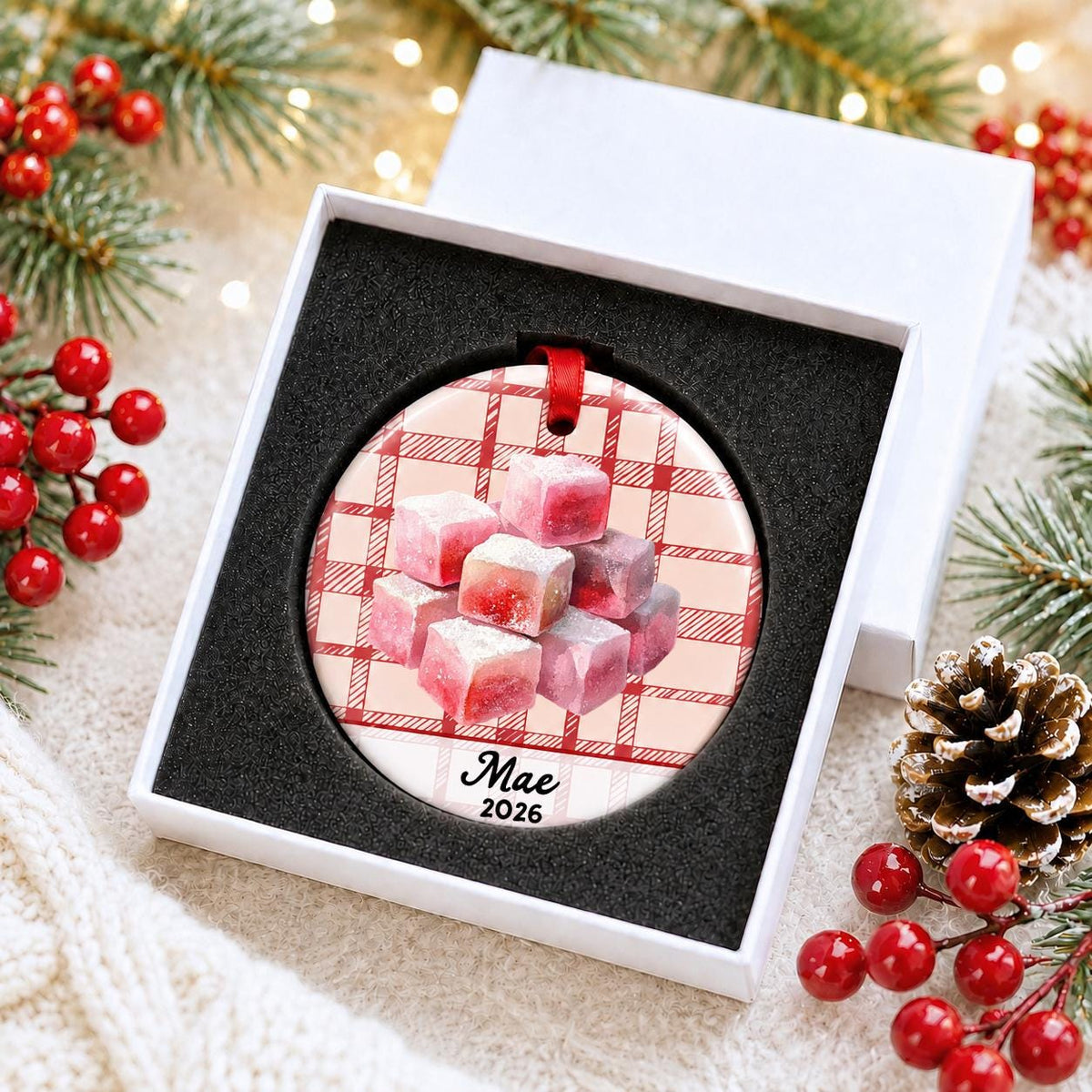 Personalized turkish delight ceramic ornament with name and year on red plaid in a white gift box with protective foam