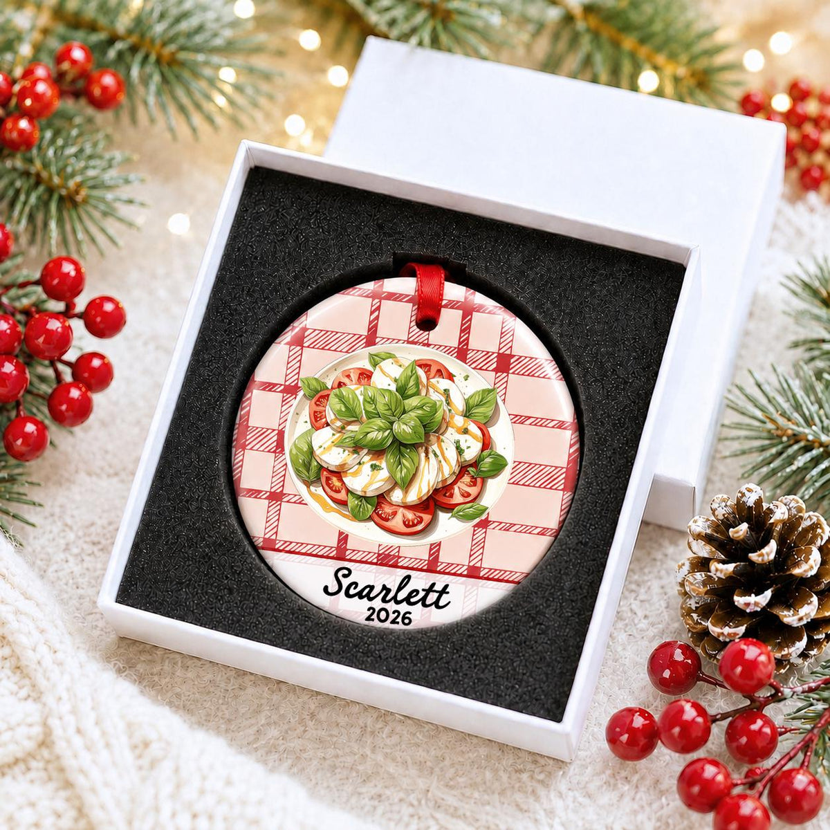 Personalized caprese salad ceramic ornament with name and year on red plaid in a white gift box with protective foam