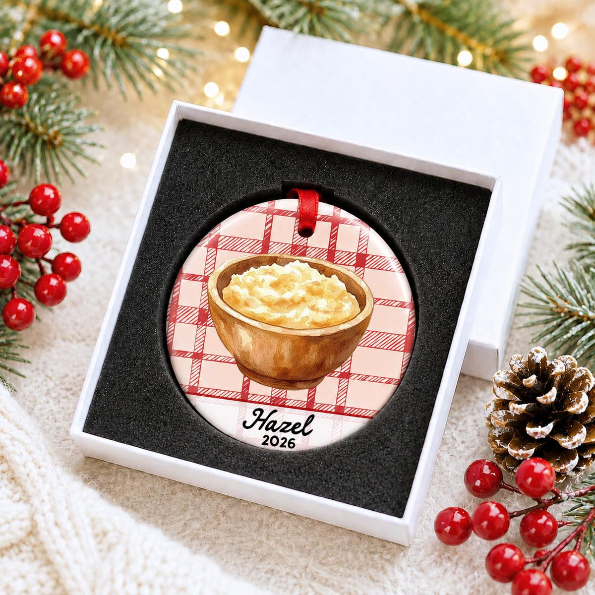 Personalized mashed potatoes ceramic ornament with name and year on red plaid in a white gift box with protective foam