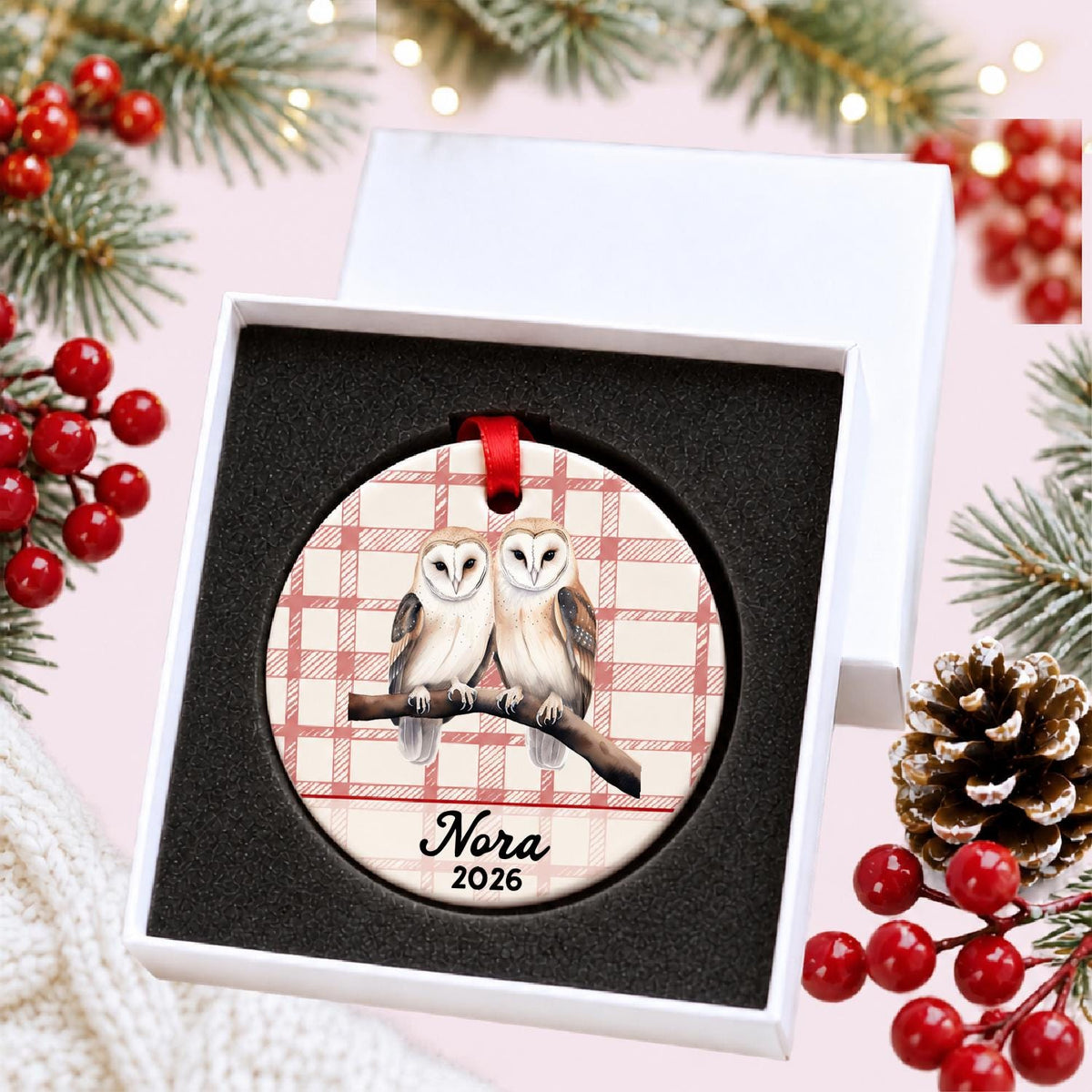 Personalized barn owl pair ceramic ornament with name and year on red plaid in a white gift box with protective foam