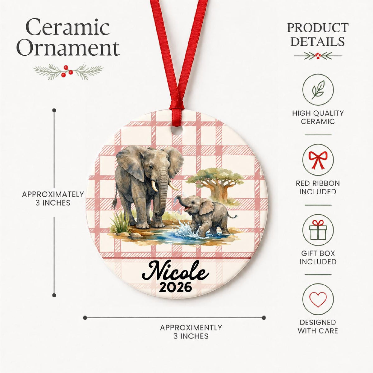 Product details for the personalized African elephant ceramic ornament with name and year on red plaid: approximately 3-inch round ceramic ornament, red ribbon and gift box