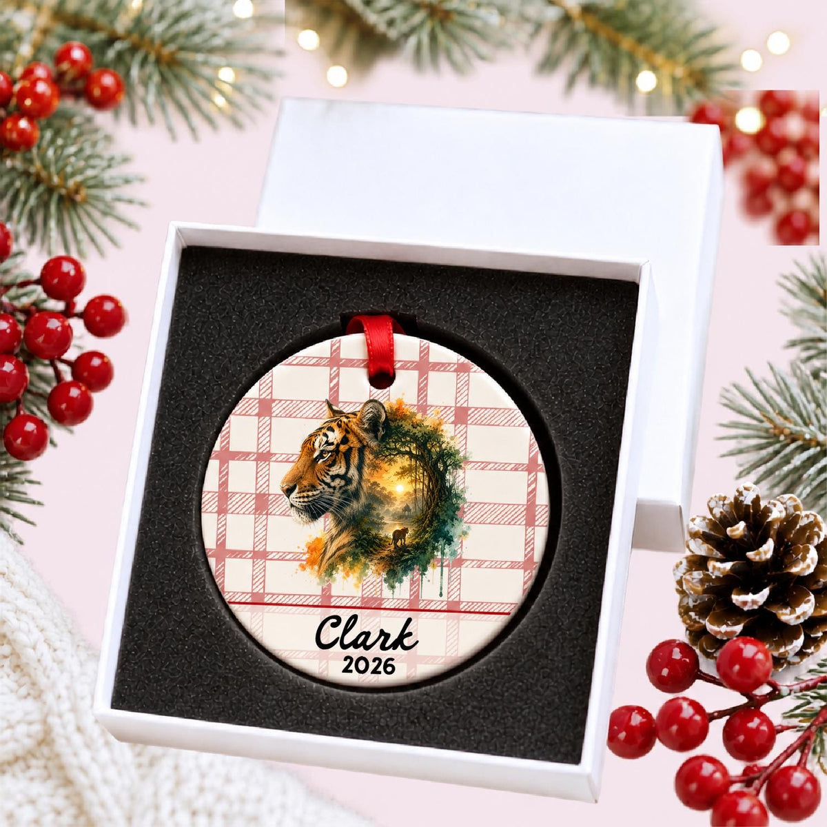 Personalized tiger ceramic ornament with name and year on red plaid in a white gift box with protective foam