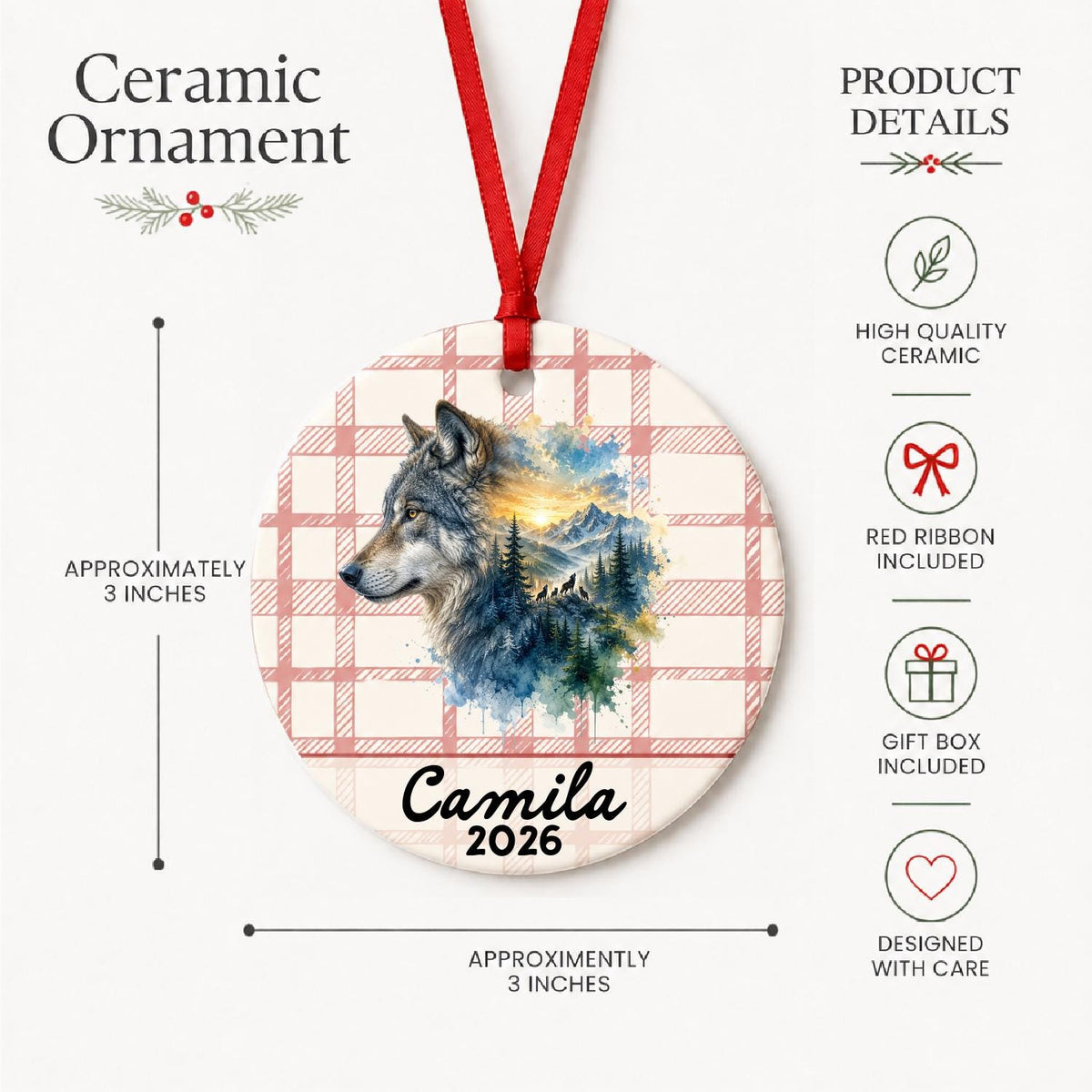 Product details for the personalized grey wolf ceramic ornament with name and year on red plaid: approximately 3-inch round ceramic ornament, red ribbon and gift box
