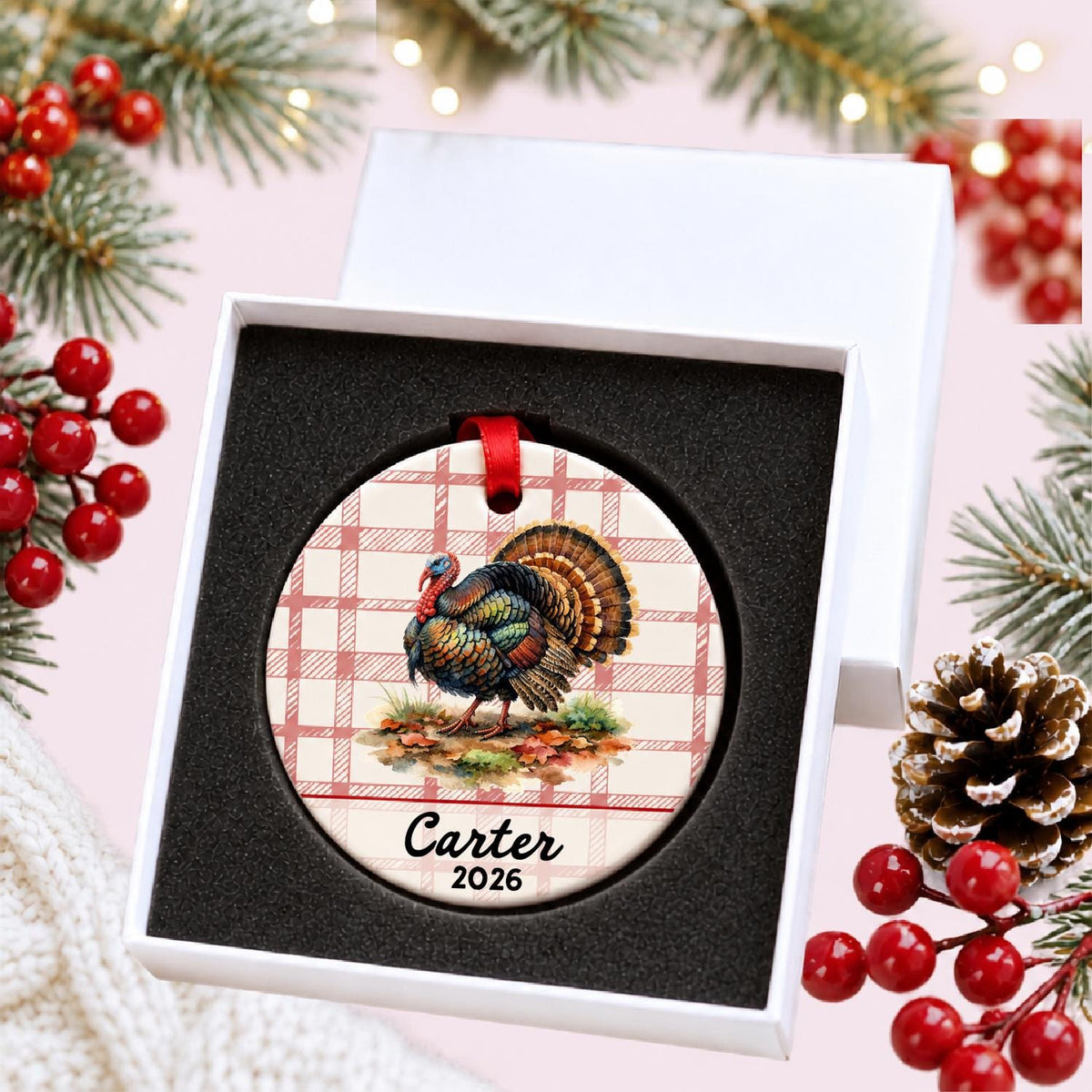 Personalized wild turkey ceramic ornament with name and year on red plaid in a white gift box with protective foam