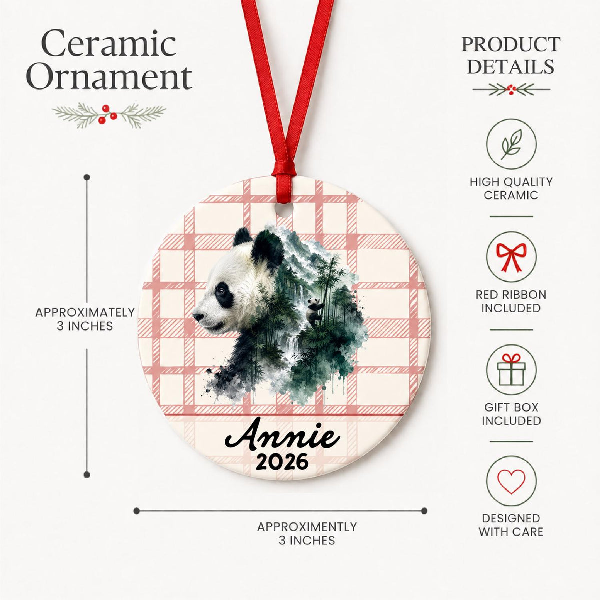 Product details for the personalized giant panda ceramic ornament with name and year on red plaid: approximately 3-inch round ceramic ornament, red ribbon and gift box