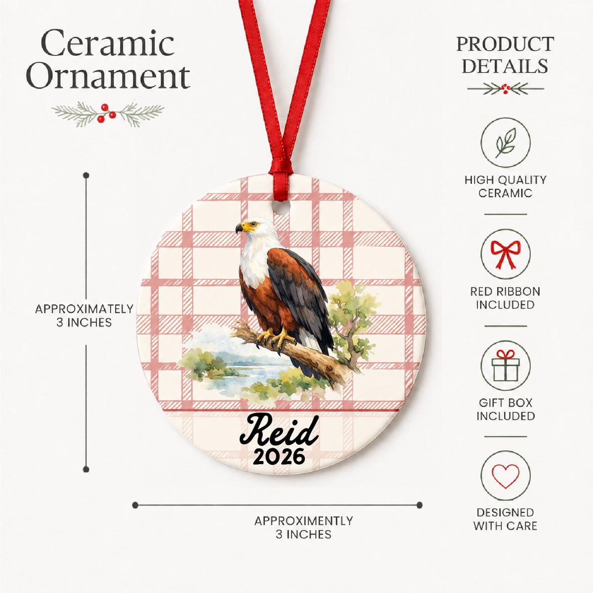 Product details for the personalized african fish eagle ceramic ornament with name and year on red plaid: approximately 3-inch round ceramic ornament, red ribbon and gift box