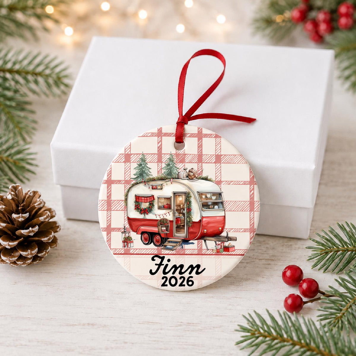 Vintage camper ceramic ornament with name and year styled as a Christmas gift