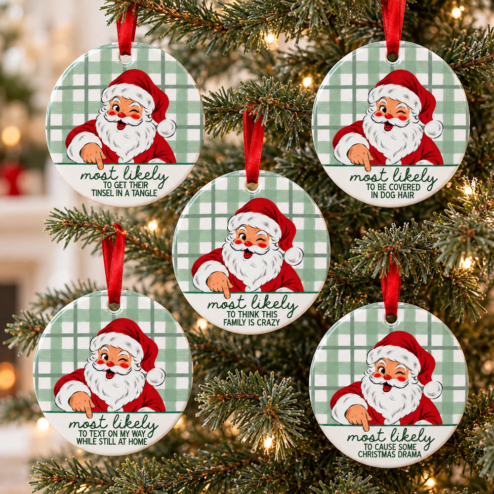 Five Most Likely To Christmas ornaments with vintage Santa and green plaid on a Christmas tree