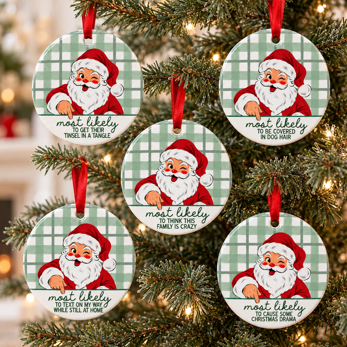 Five Most Likely To Christmas ornaments with vintage Santa and green plaid on a Christmas tree