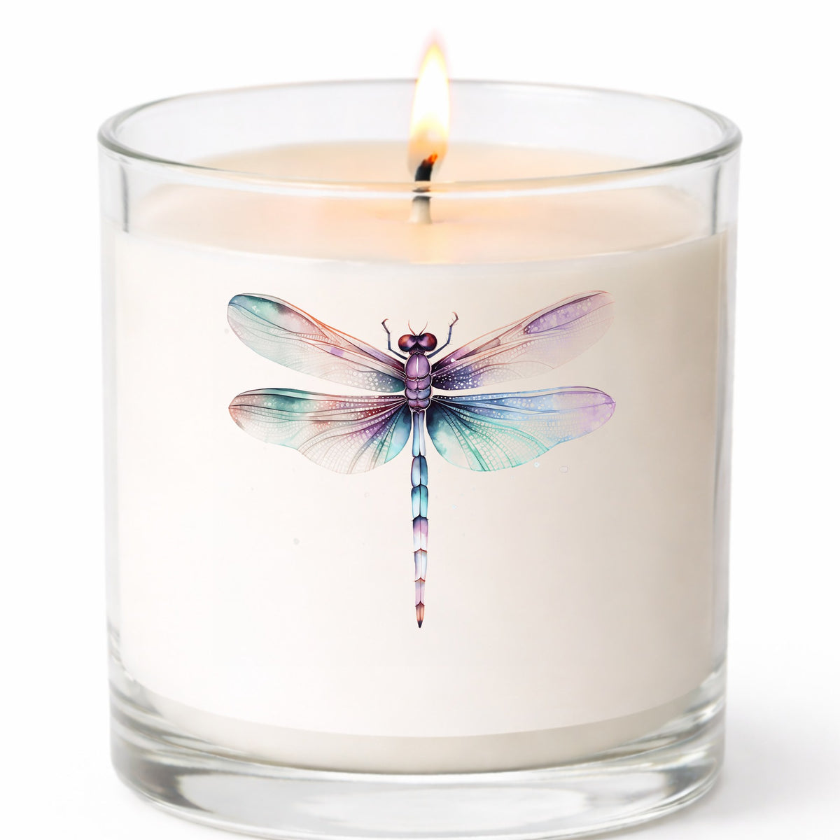 Pastel watercolor dragonfly UV DTF decal on a glass candle
