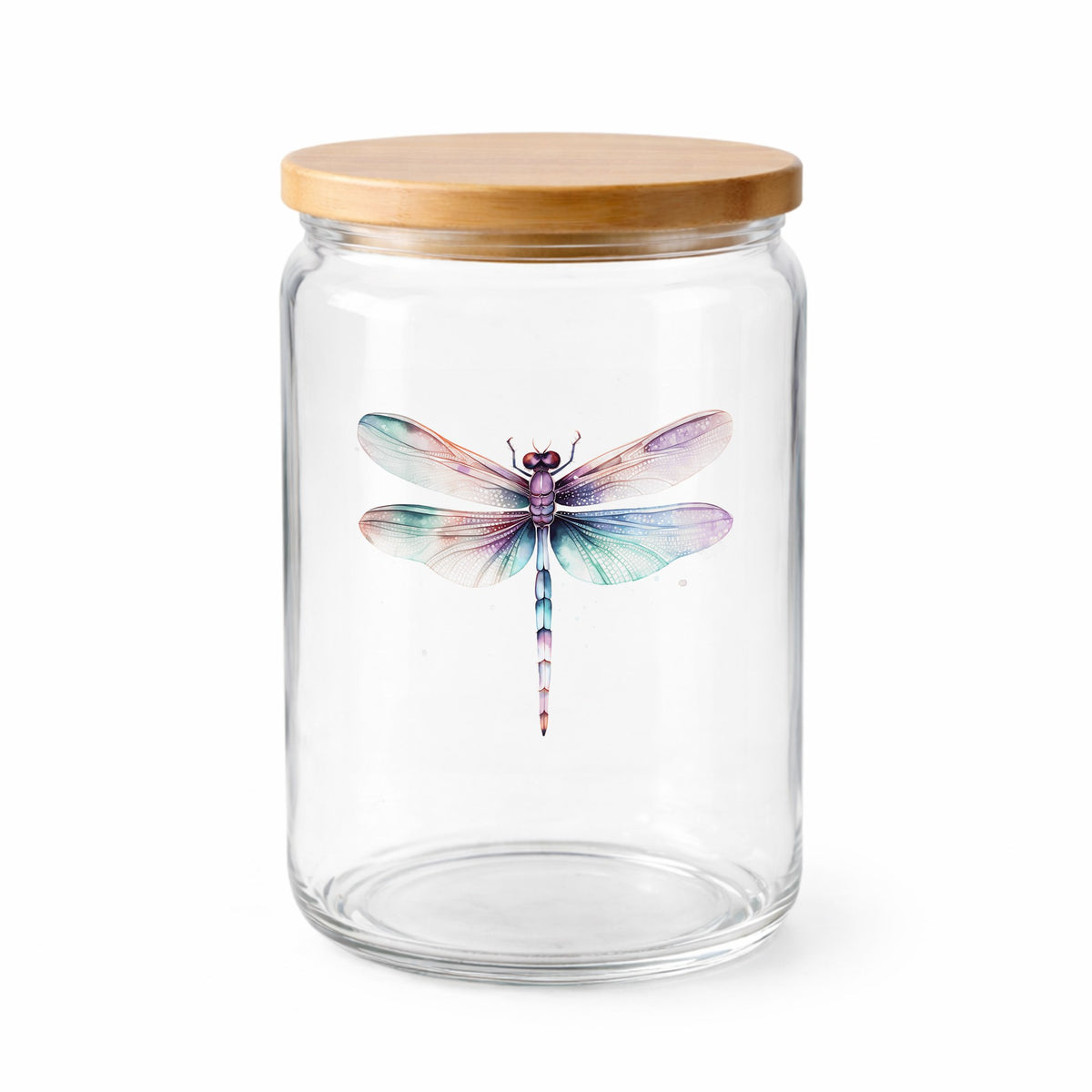 Pastel dragonfly UV DTF decal applied to a clear glass jar
