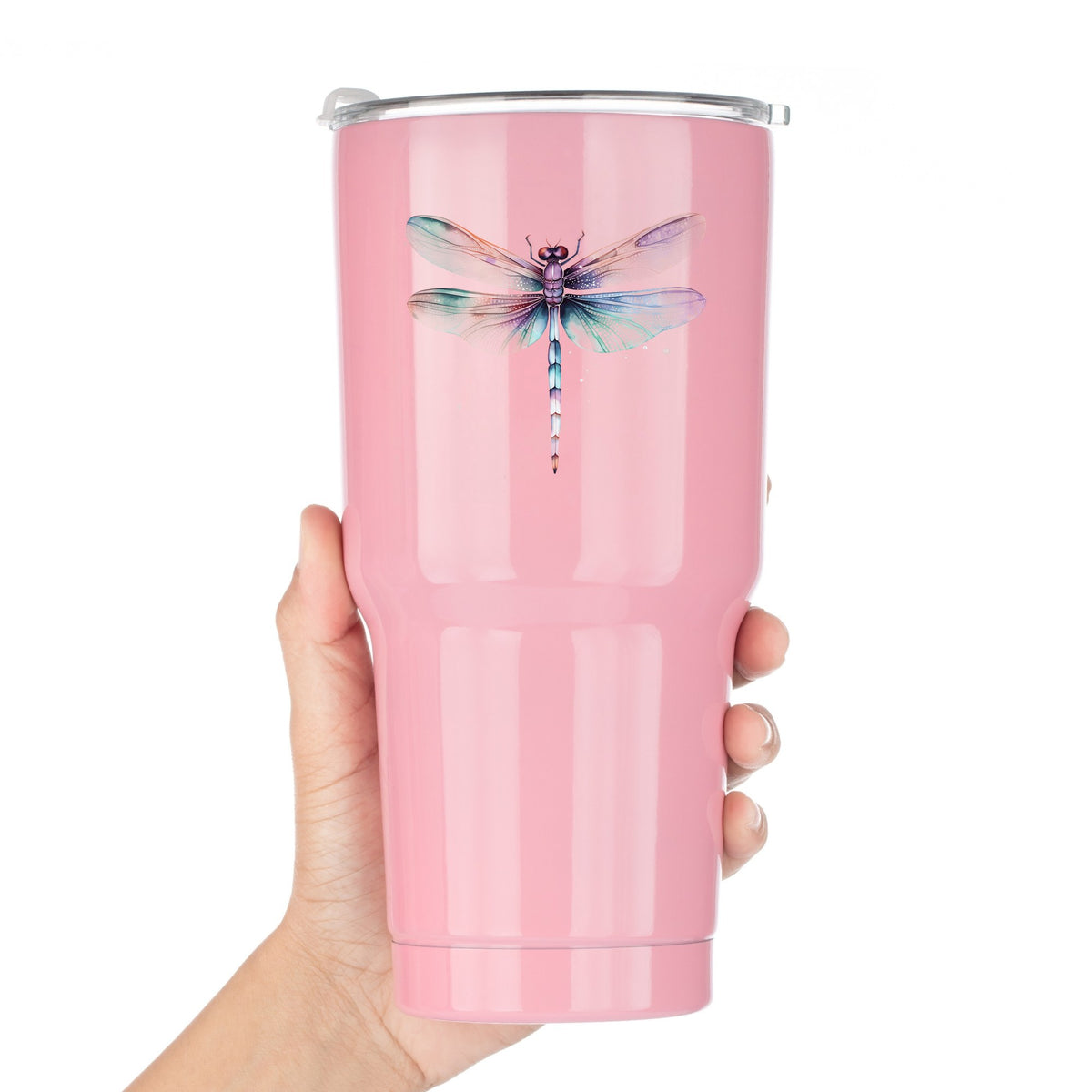 Pastel dragonfly decal shown on a pink travel tumbler