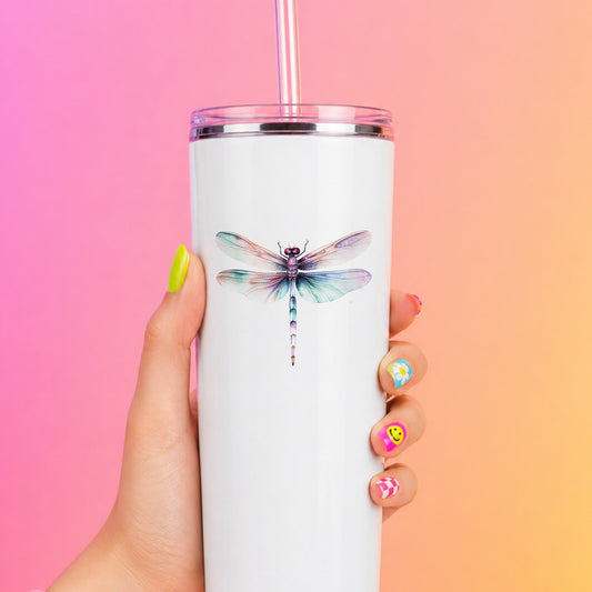 Pastel watercolor dragonfly UV DTF decal applied to a white tumbler